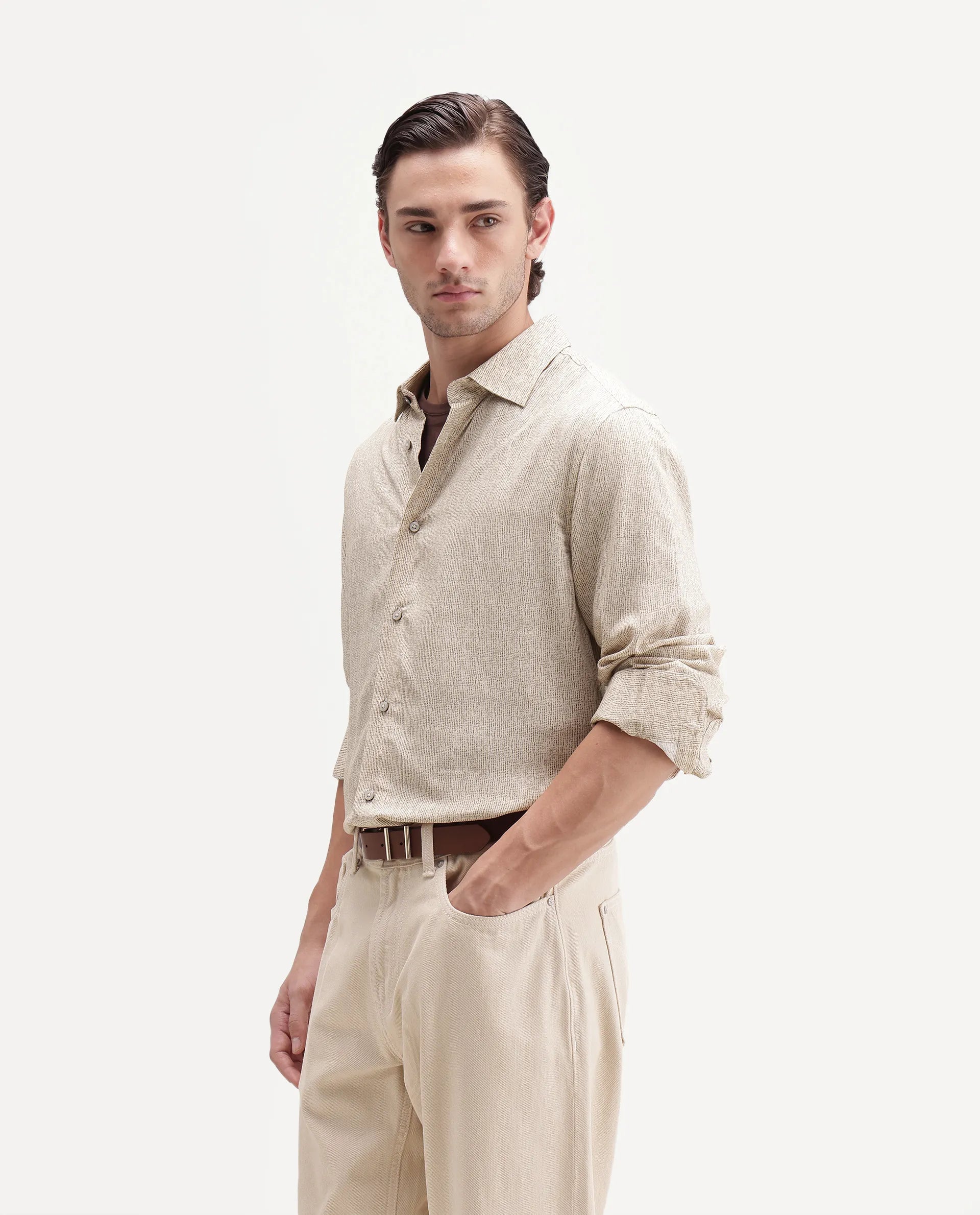 Rare Rabbit Men's Malo Dusky Beige Viscose Spread Collar Button Regular Geometric Print Shirt