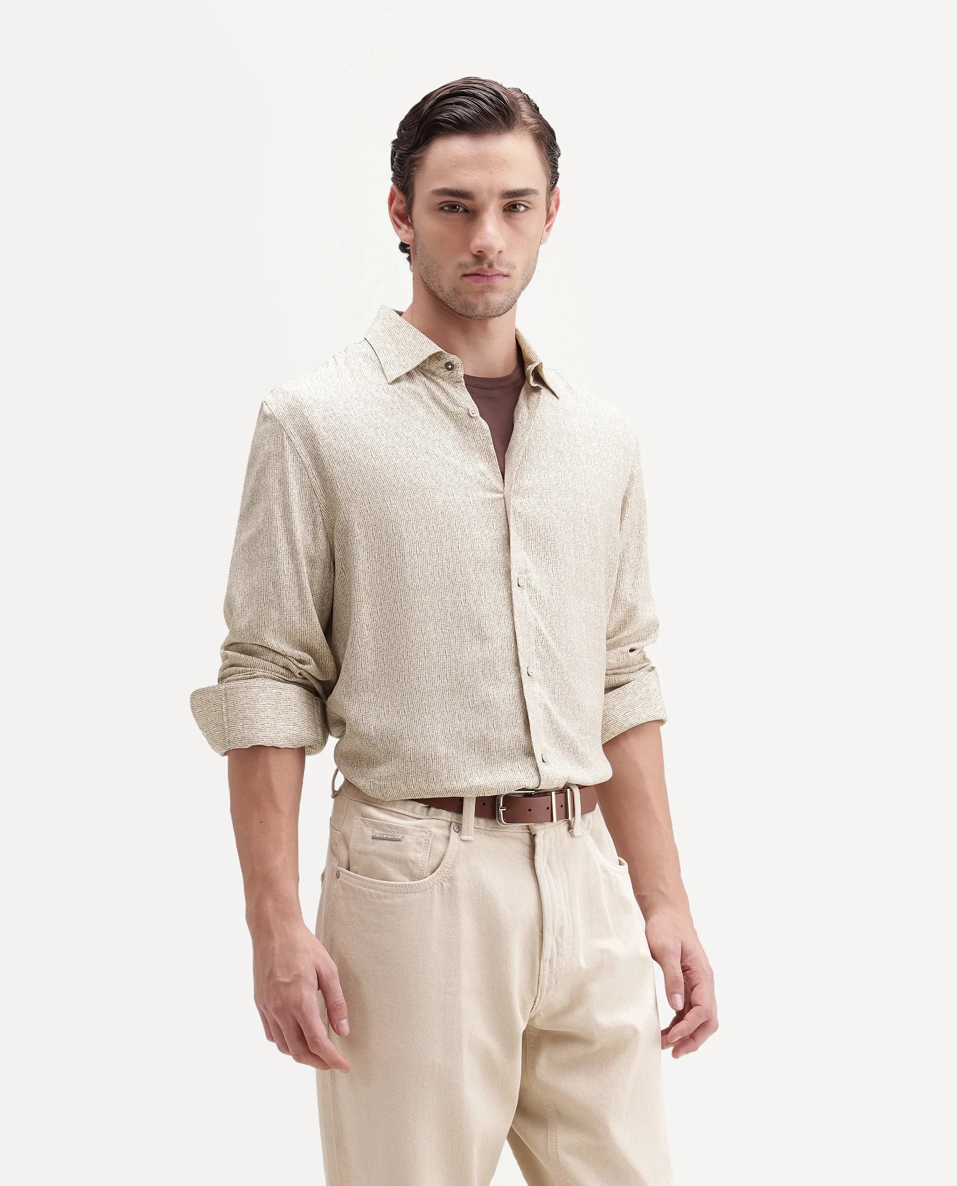 Rare Rabbit Men's Malo Dusky Beige Viscose Spread Collar Button Regular Geometric Print Shirt