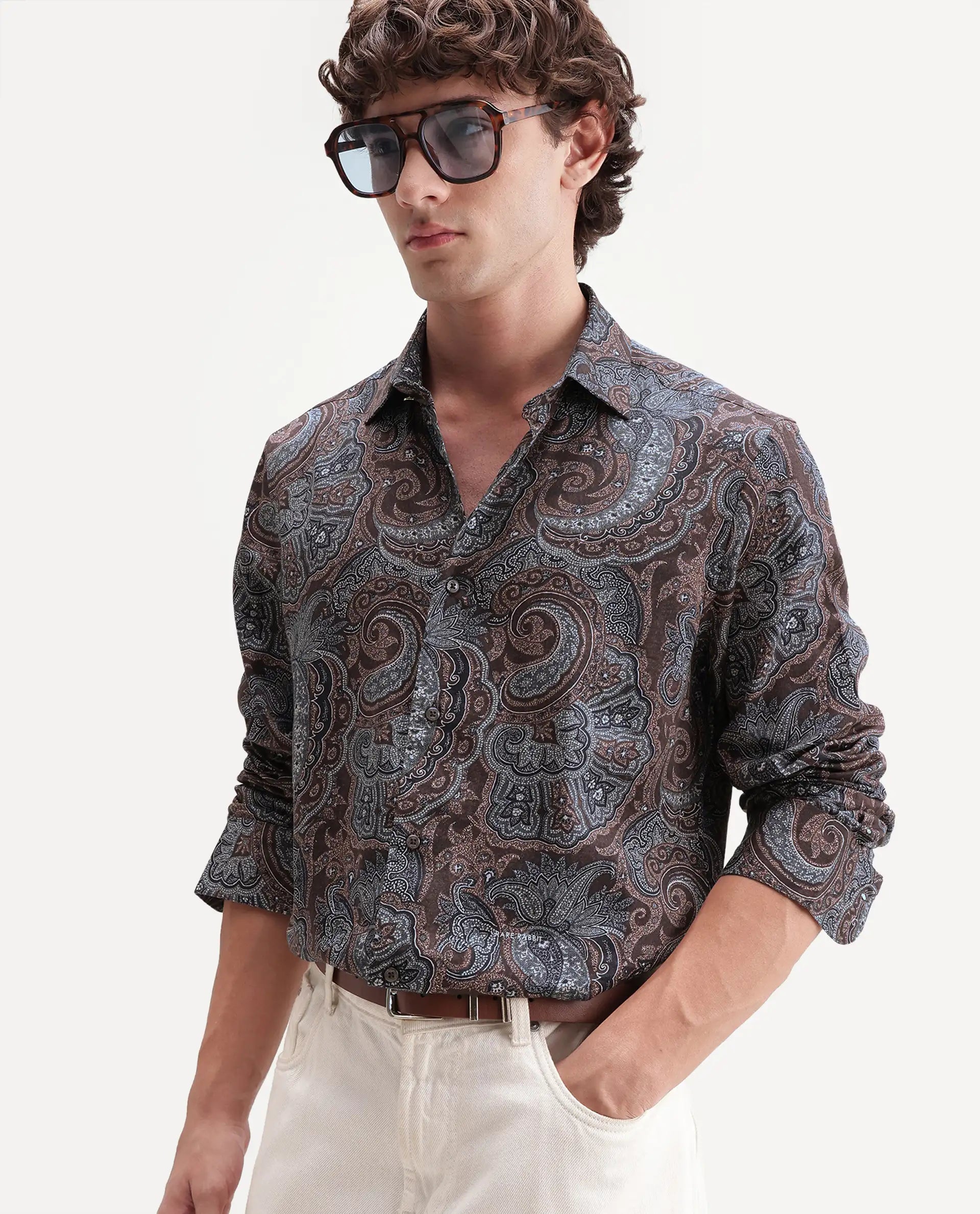 Rare Rabbit Men's Lome-2 Dark Brown Cotton Blend Spread Collar Regular Paisley Print Shirt