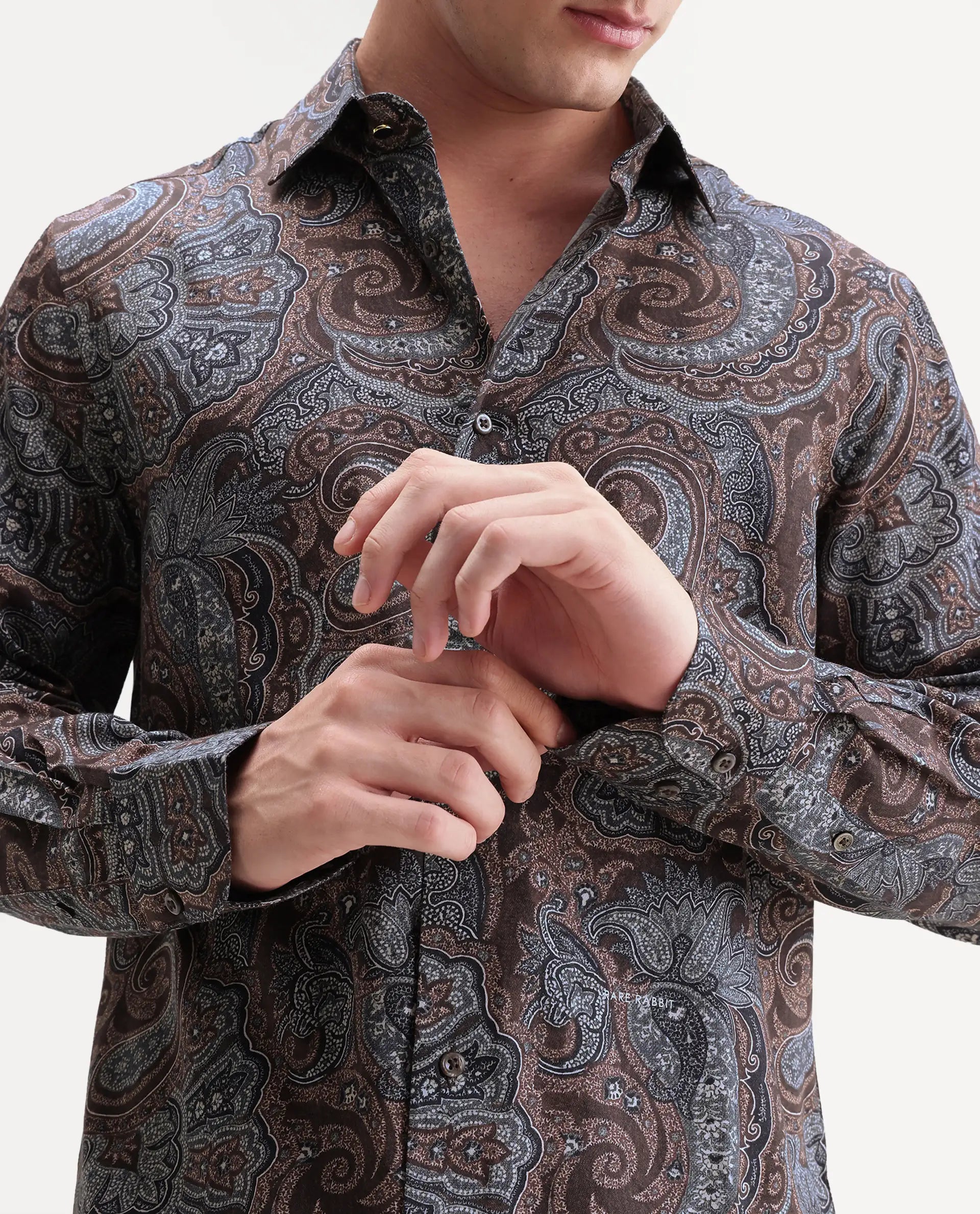 Rare Rabbit Men's Lome-2 Dark Brown Cotton Blend Spread Collar Regular Paisley Print Shirt