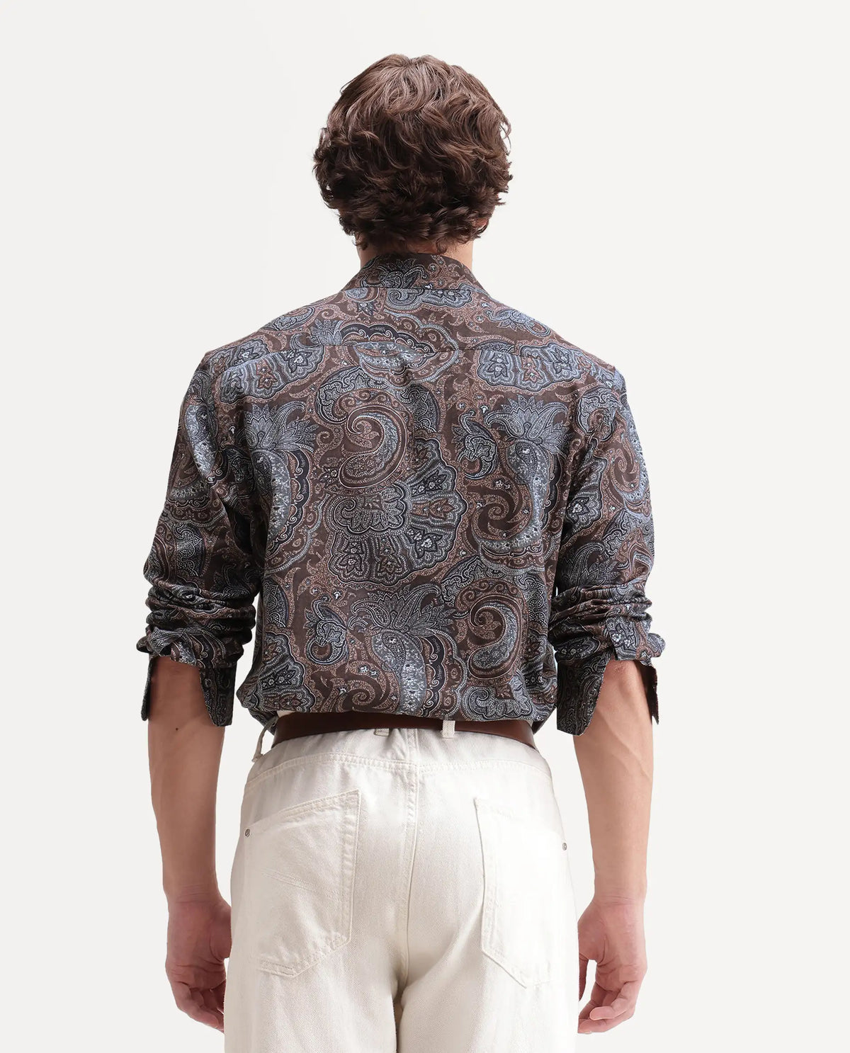 Rare Rabbit Men's Lome-2 Dark Brown Cotton Blend Spread Collar Regular Paisley Print Shirt