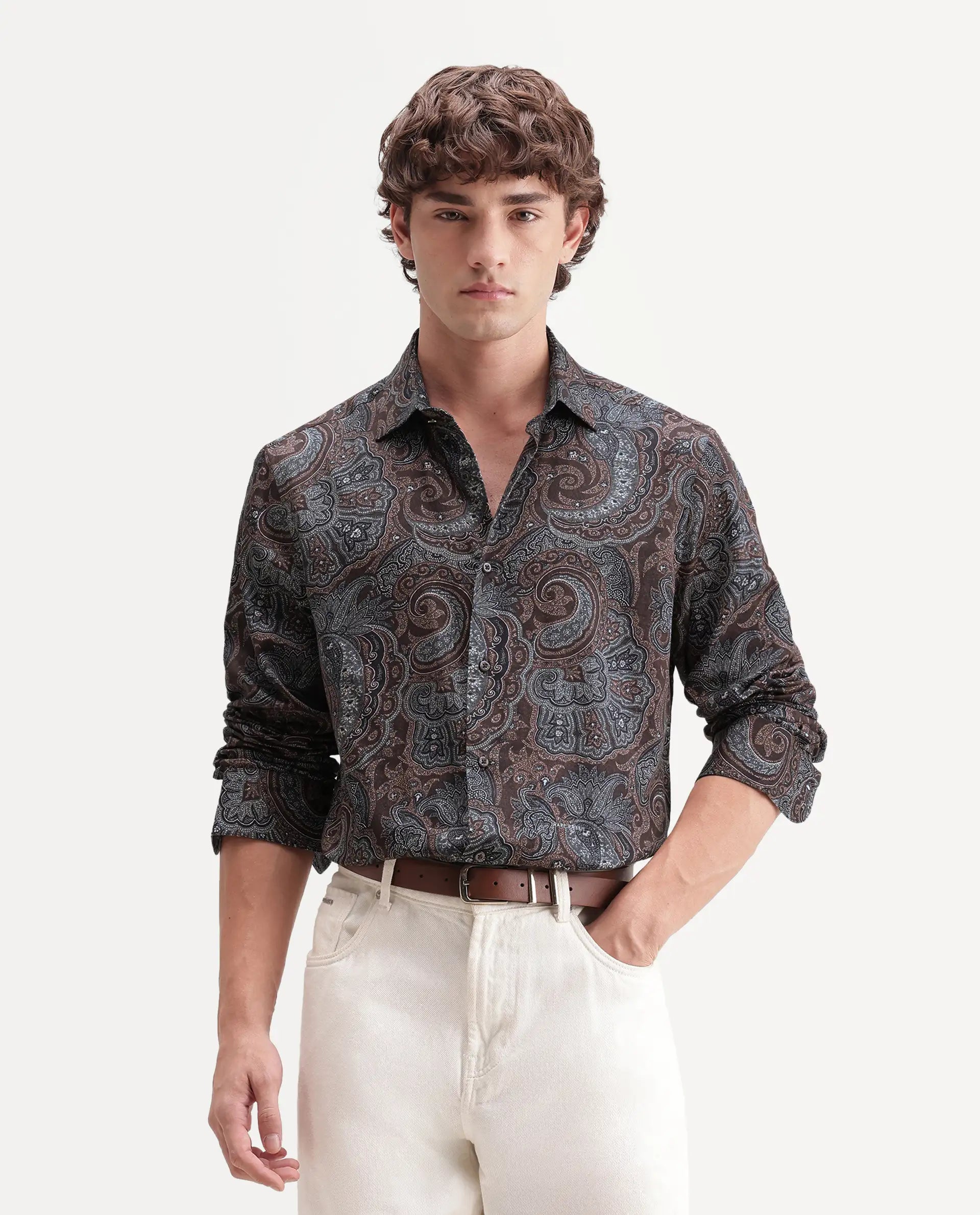 Rare Rabbit Men's Lome-2 Dark Brown Cotton Blend Spread Collar Regular Paisley Print Shirt