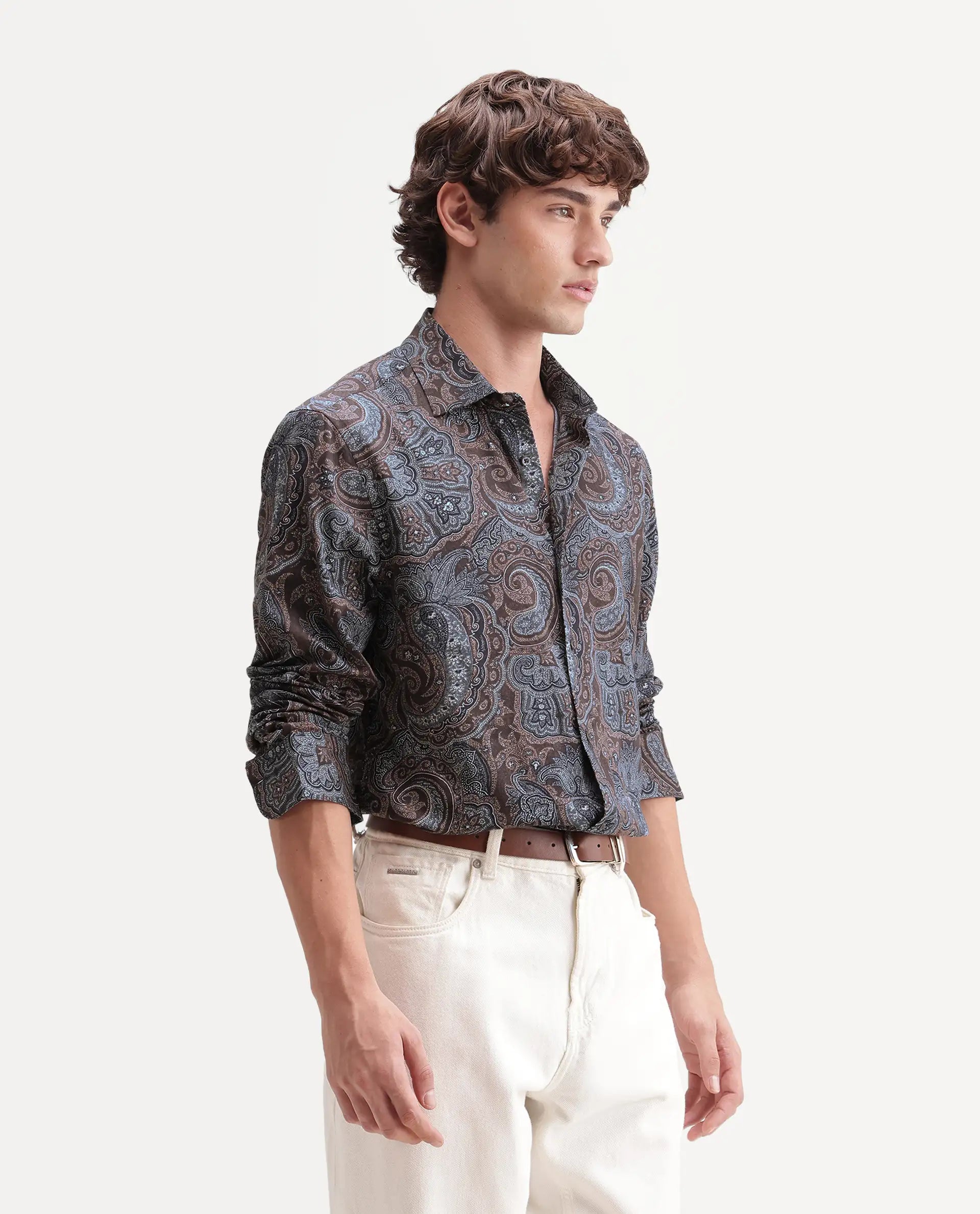Rare Rabbit Men's Lome-2 Dark Brown Cotton Blend Spread Collar Regular Paisley Print Shirt