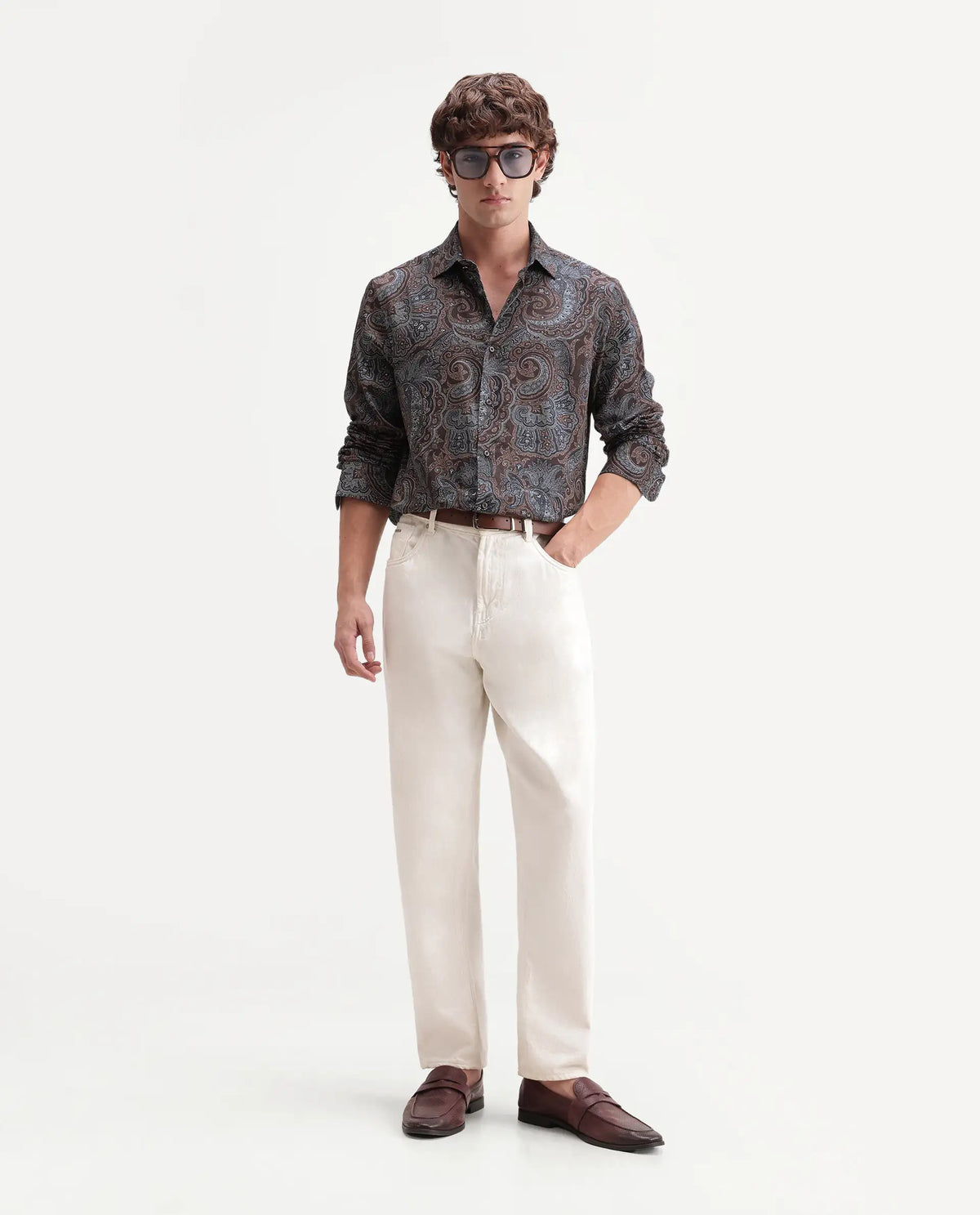 Rare Rabbit Men's Lome-2 Dark Brown Cotton Blend Spread Collar Regular Paisley Print Shirt