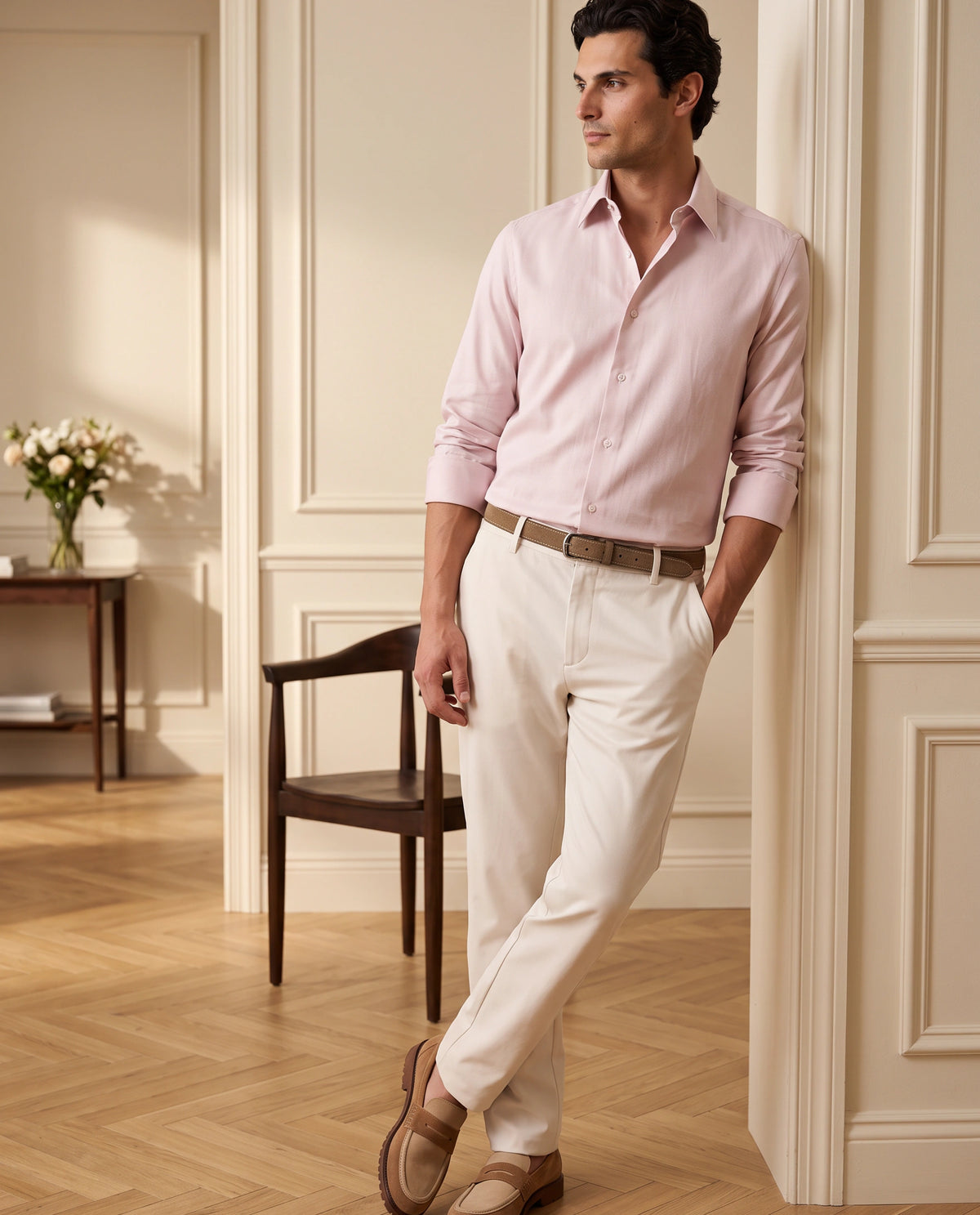 Rare Rabbit Men's Clade Light Pink Cotton Spread Collar Button Regular Plain Shirt