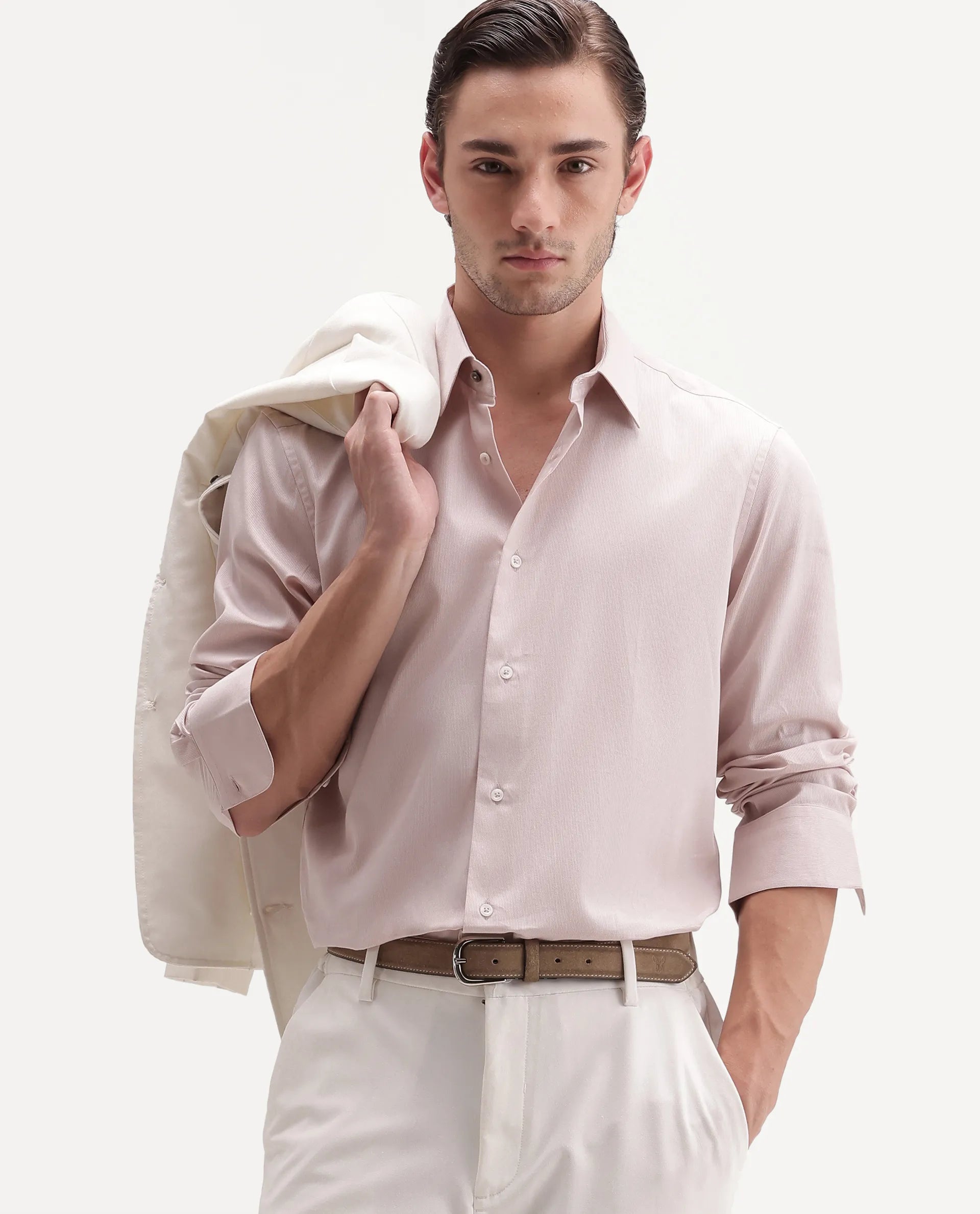 Rare Rabbit Men's Clade Light Pink Cotton Spread Collar Button Regular Plain Shirt