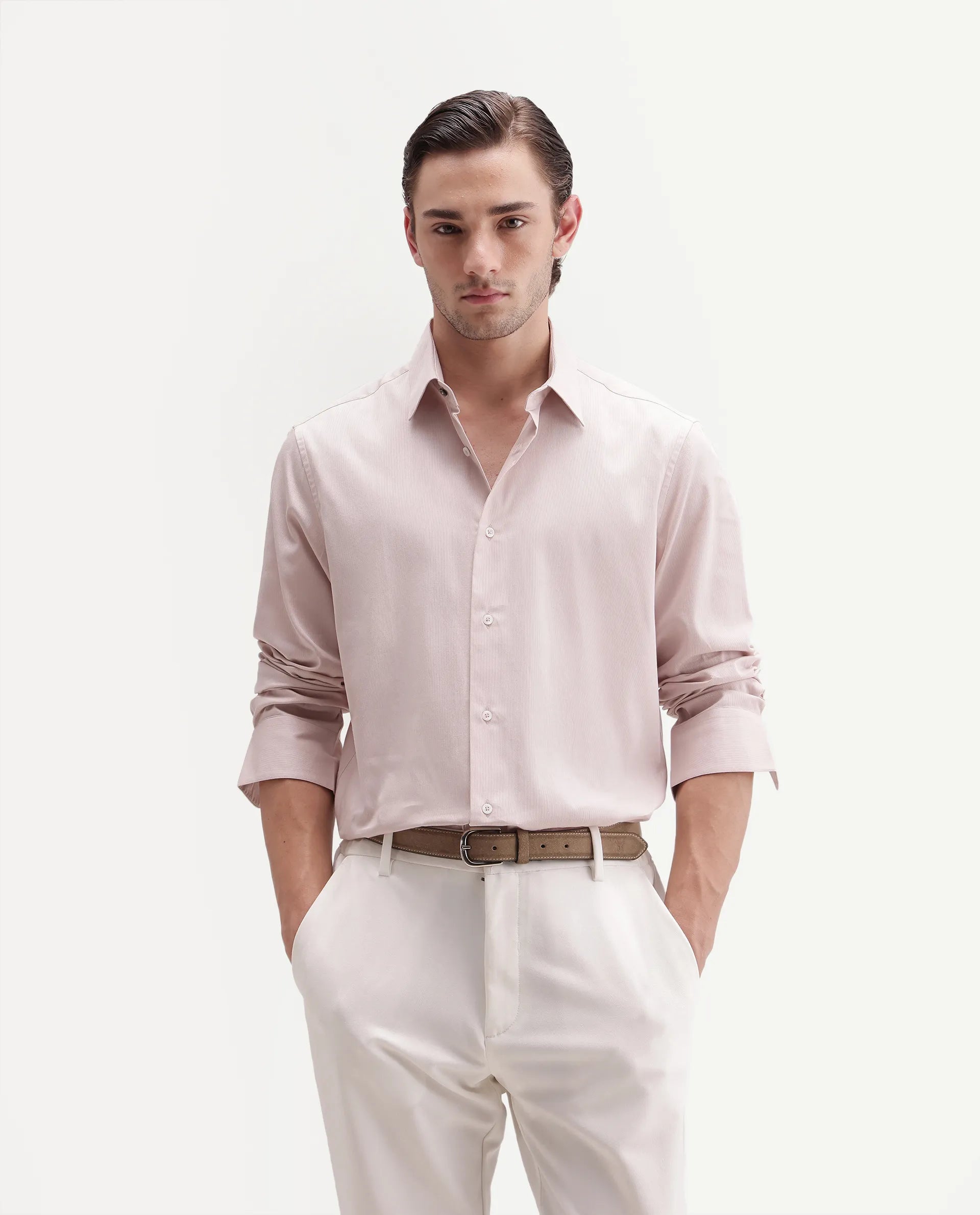 Rare Rabbit Men's Clade Light Pink Cotton Spread Collar Button Regular Plain Shirt