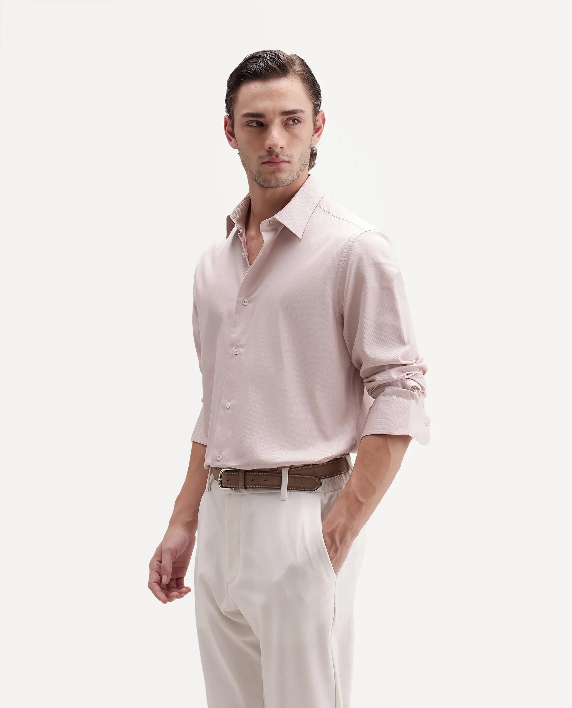 Rare Rabbit Men's Clade Light Pink Cotton Spread Collar Button Regular Plain Shirt