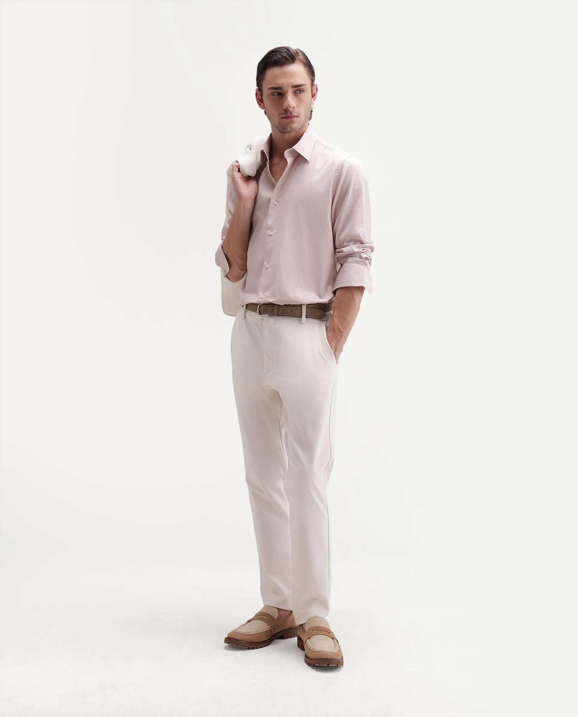 Rare Rabbit Men's Clade Light Pink Cotton Spread Collar Button Regular Plain Shirt