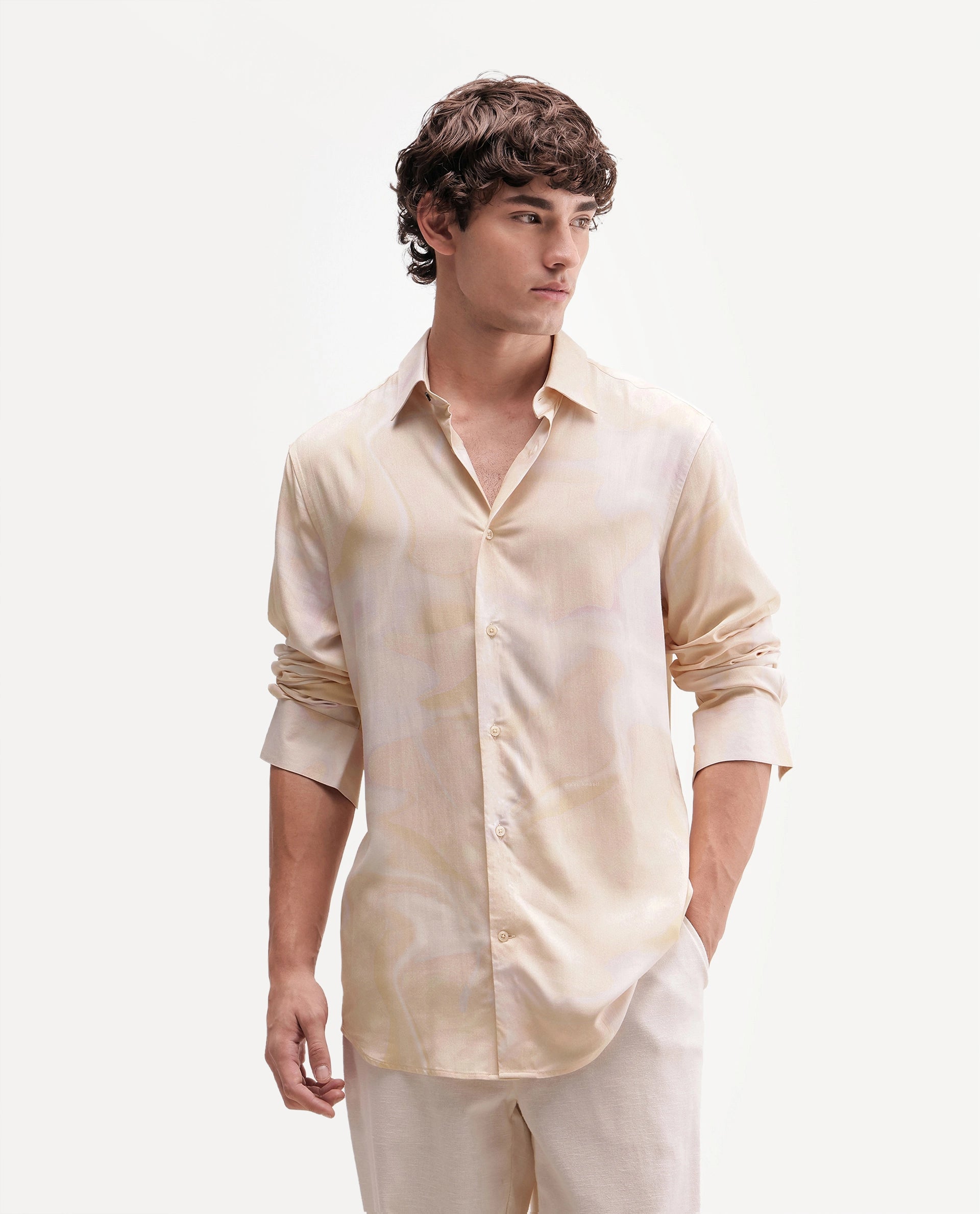 Rare Rabbit Men's Repo Light Yellow Viscose Spread Collar Button Regular Abstract Print Shirt