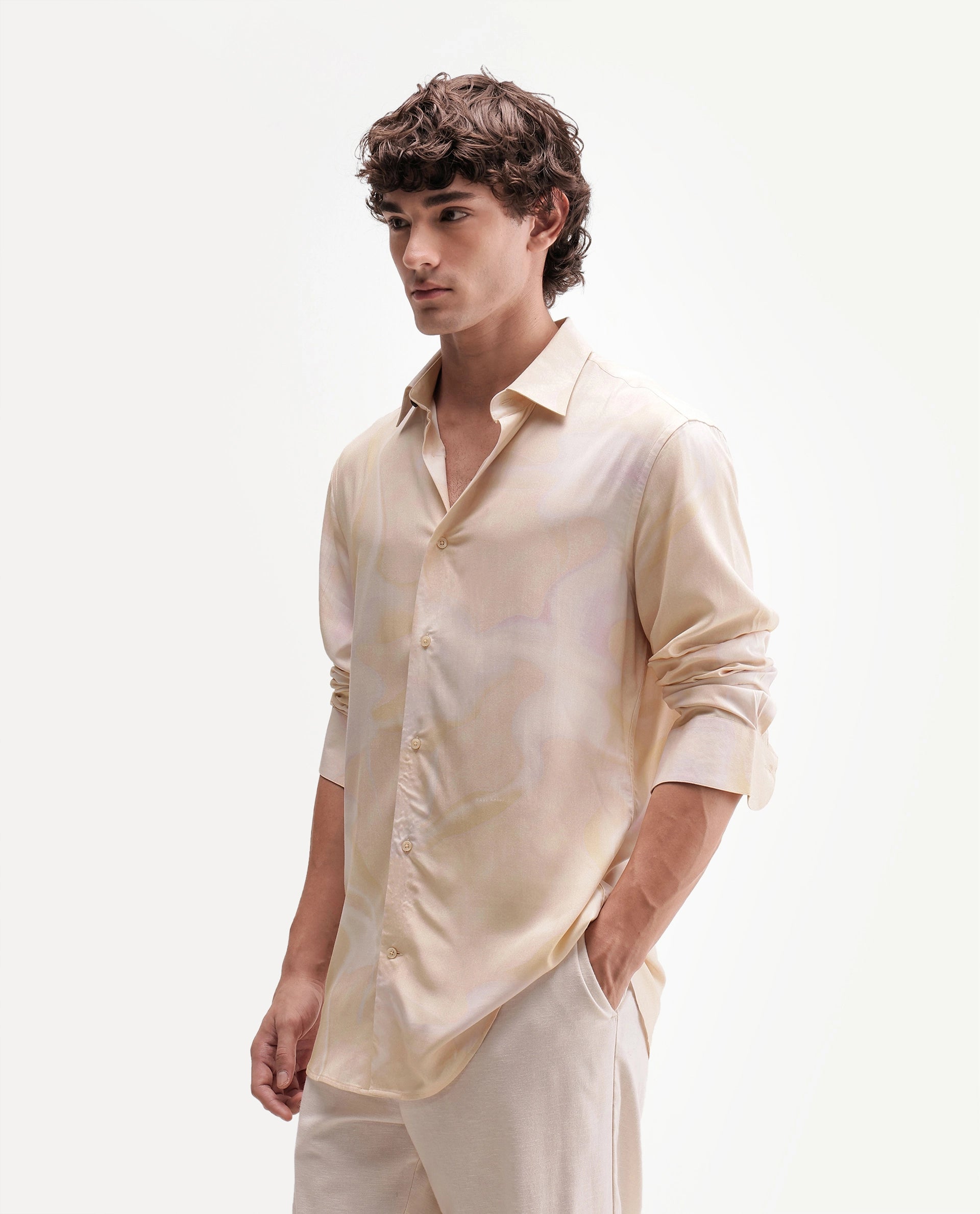 Rare Rabbit Men's Repo Light Yellow Viscose Spread Collar Button Regular Abstract Print Shirt