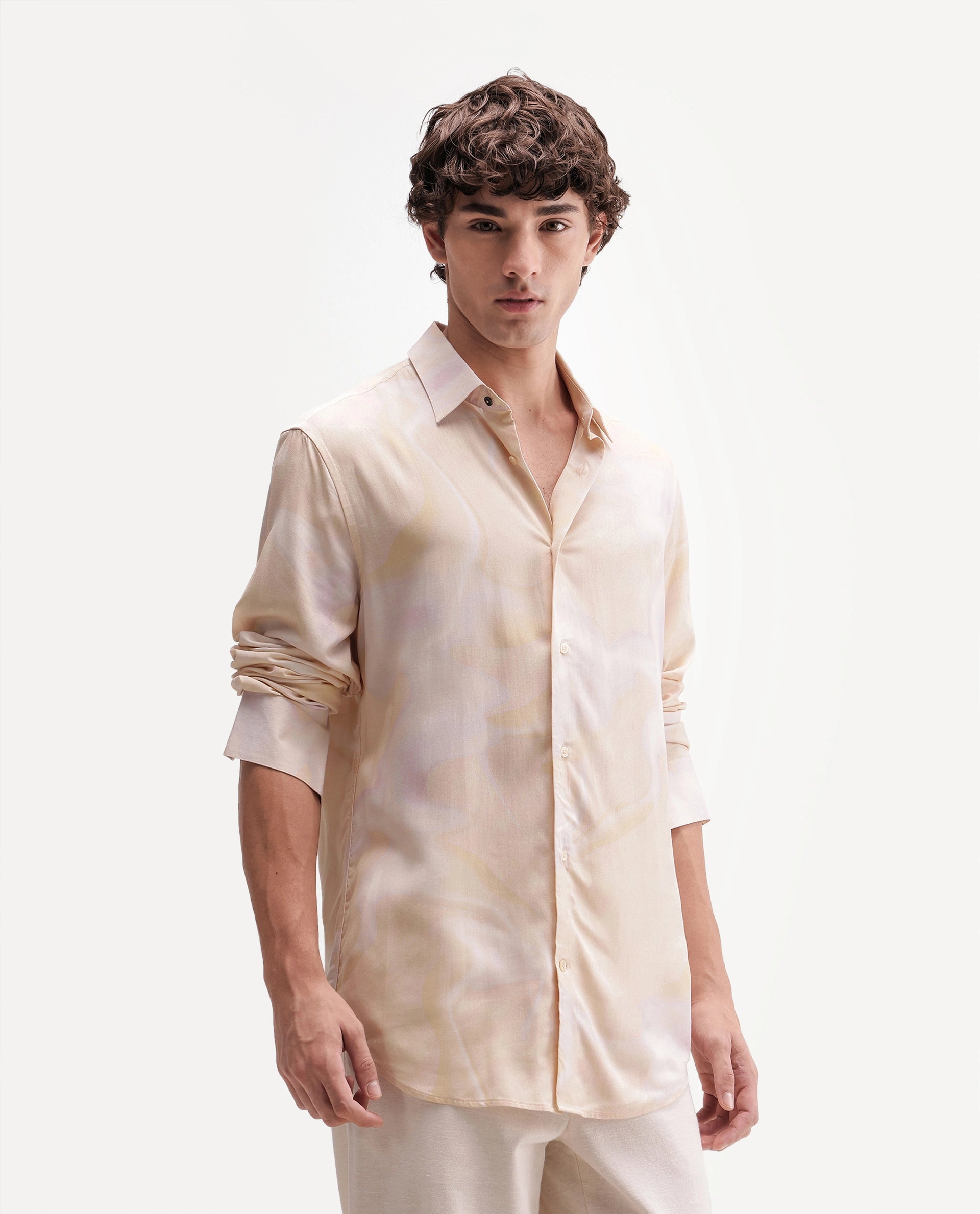 Rare Rabbit Men's Repo Light Yellow Viscose Spread Collar Button Regular Abstract Print Shirt