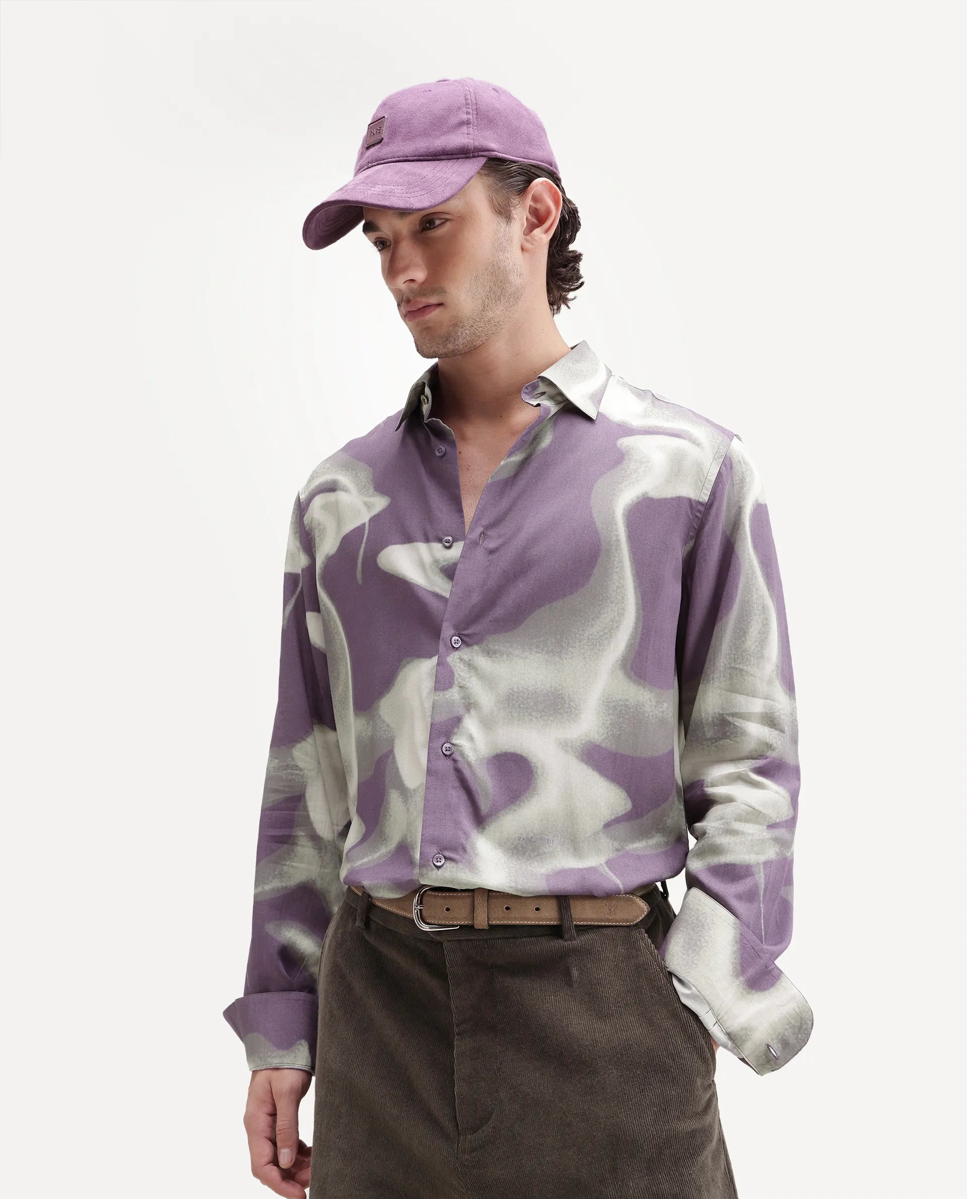 Rare Rabbit Men's Repo Primary Purple Viscose Spread Collar Button Regular Abstract Print Shirt