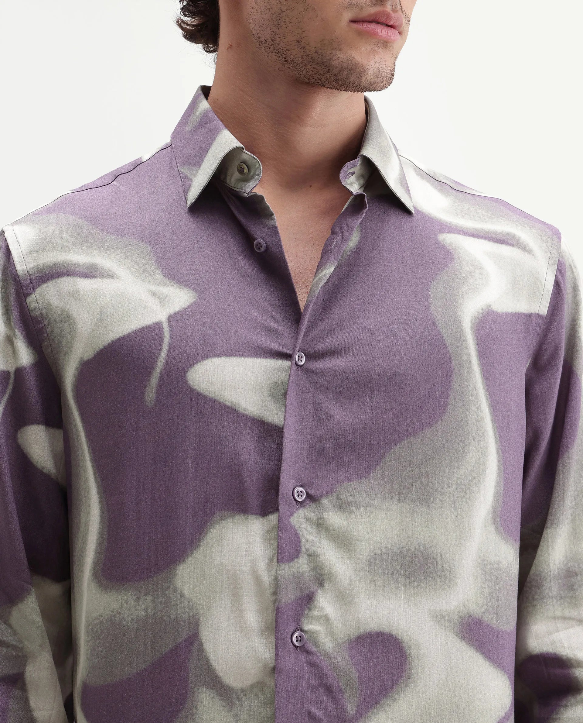 Rare Rabbit Men's Repo Primary Purple Viscose Spread Collar Button Regular Abstract Print Shirt