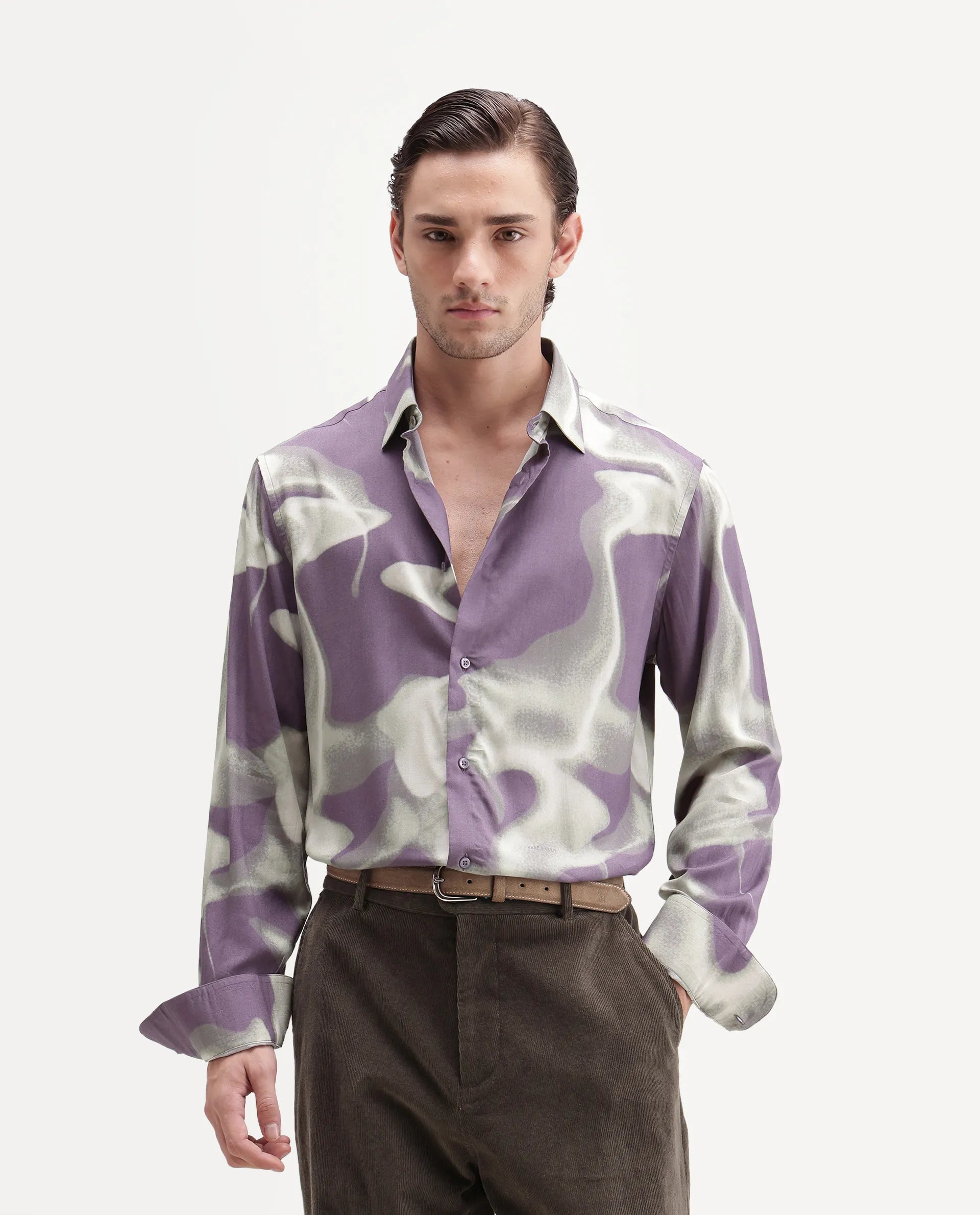 Rare Rabbit Men's Repo Primary Purple Viscose Spread Collar Button Regular Abstract Print Shirt