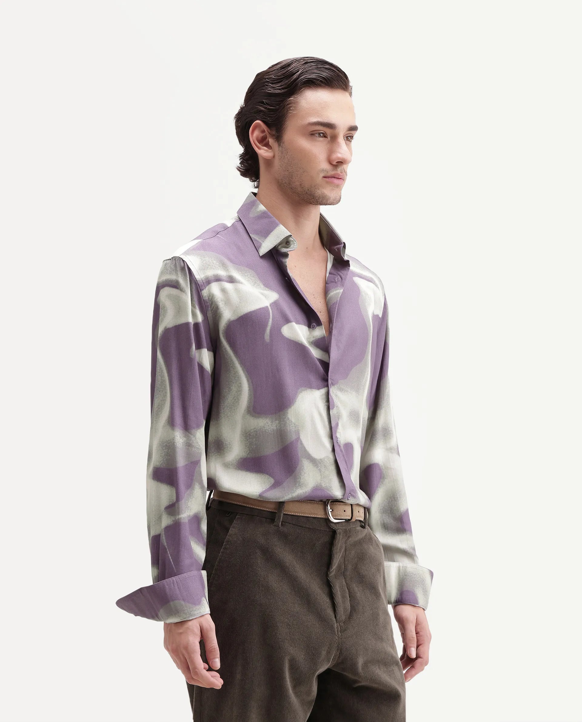 Rare Rabbit Men's Repo Primary Purple Viscose Spread Collar Button Regular Abstract Print Shirt