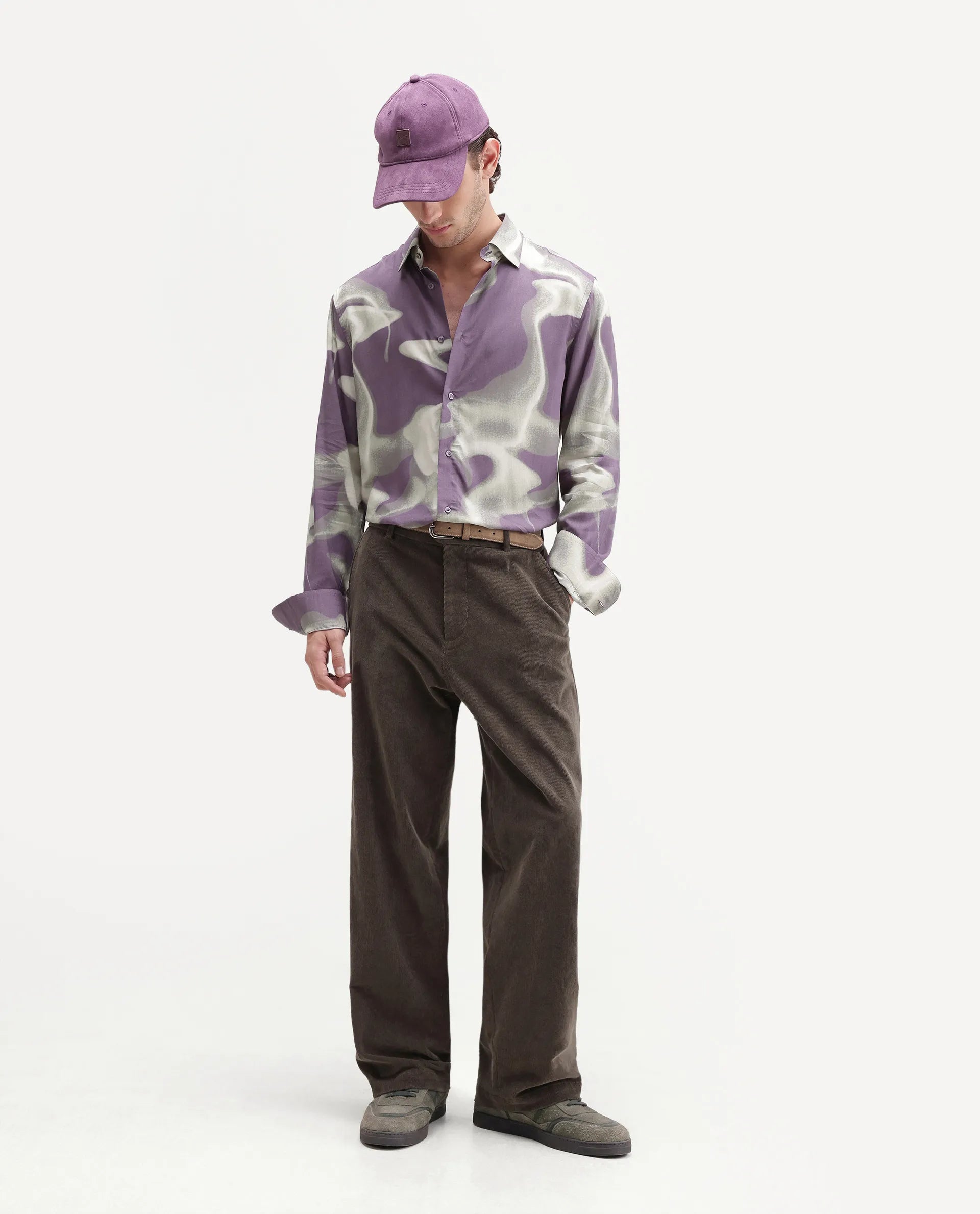 Rare Rabbit Men's Repo Primary Purple Viscose Spread Collar Button Regular Abstract Print Shirt
