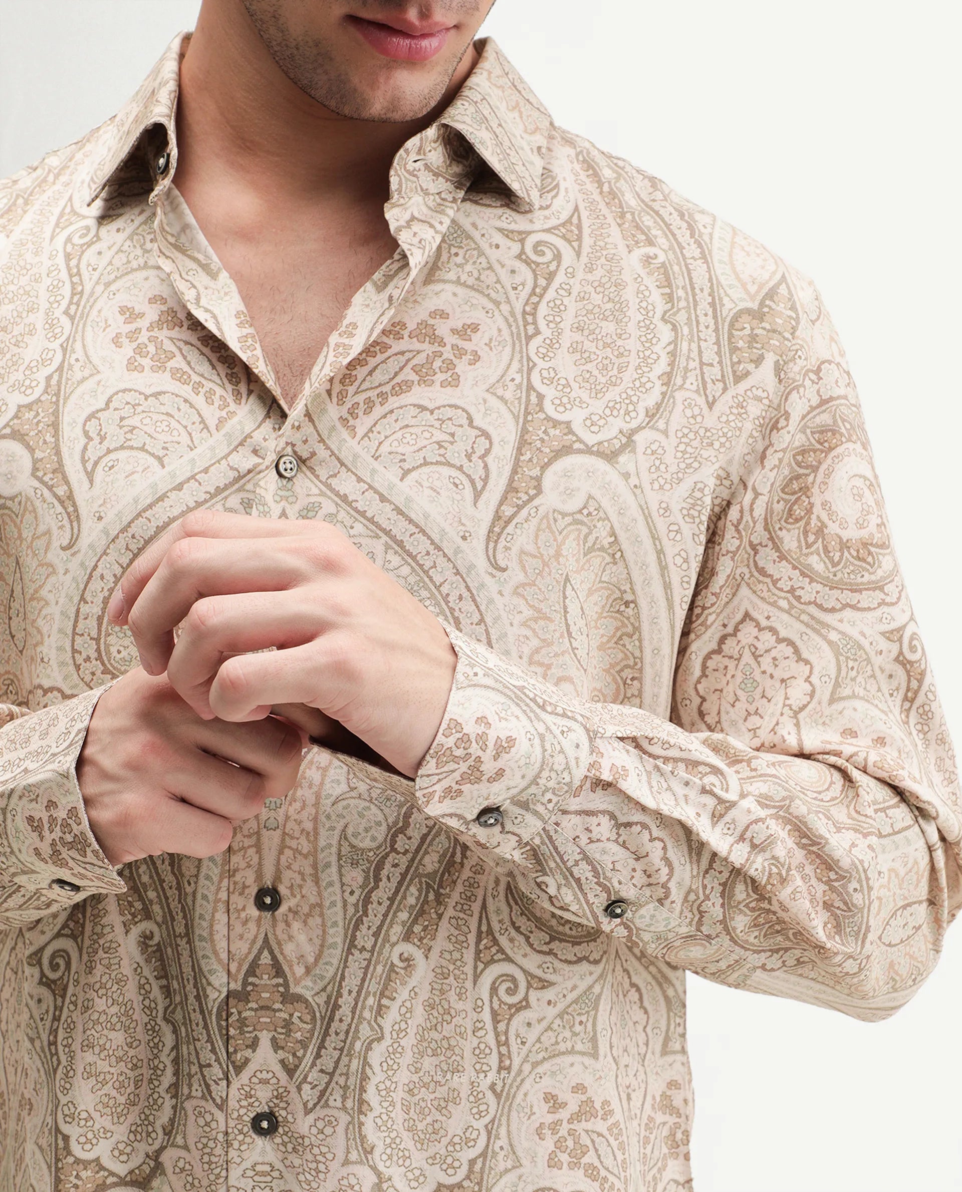 Rare Rabbit Men's Gota Dusky Beige Viscose Spread Collar Button Regular Paisley Print Shirt