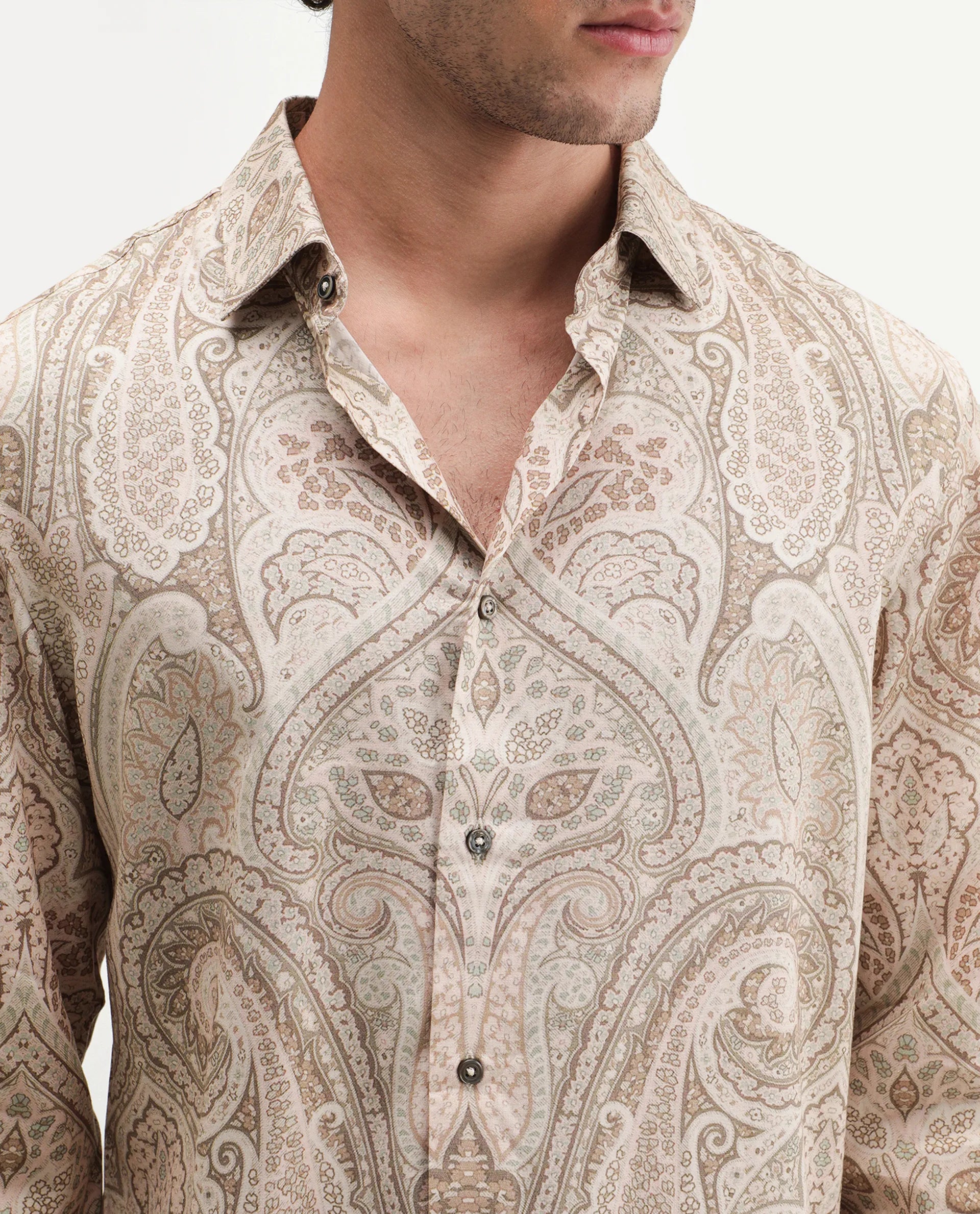 Rare Rabbit Men's Gota Dusky Beige Viscose Spread Collar Button Regular Paisley Print Shirt