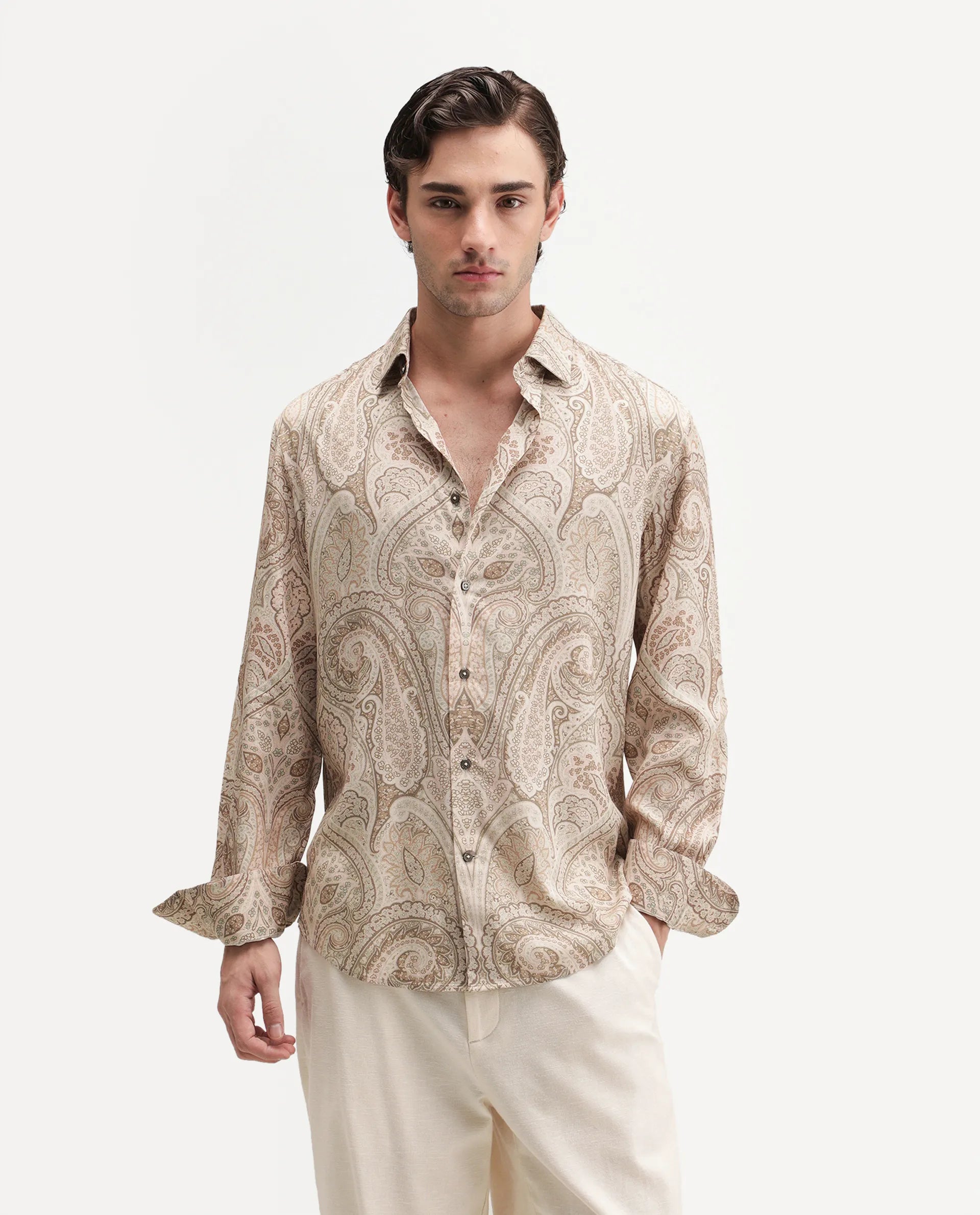 Rare Rabbit Men's Gota Dusky Beige Viscose Spread Collar Button Regular Paisley Print Shirt