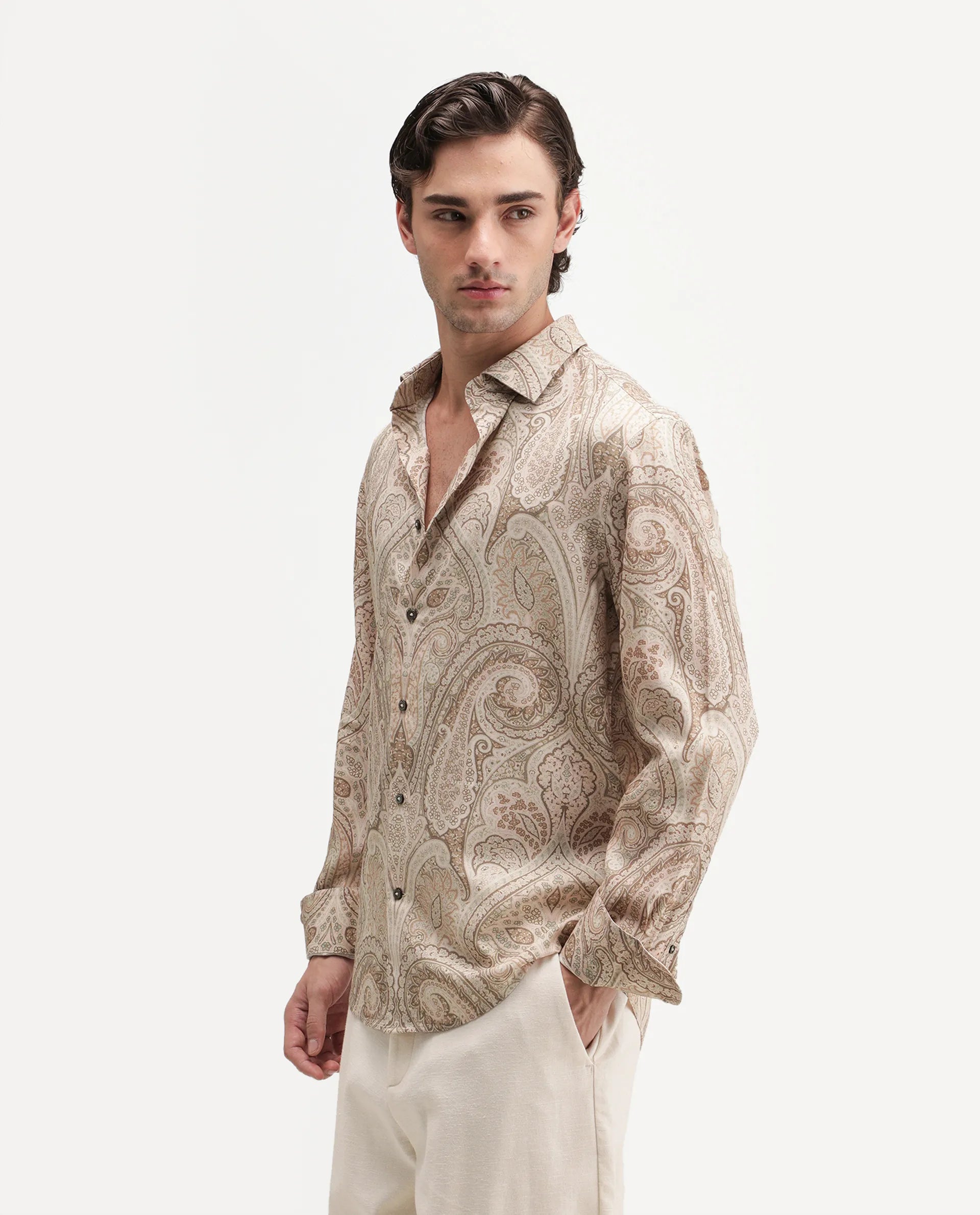 Rare Rabbit Men's Gota Dusky Beige Viscose Spread Collar Button Regular Paisley Print Shirt