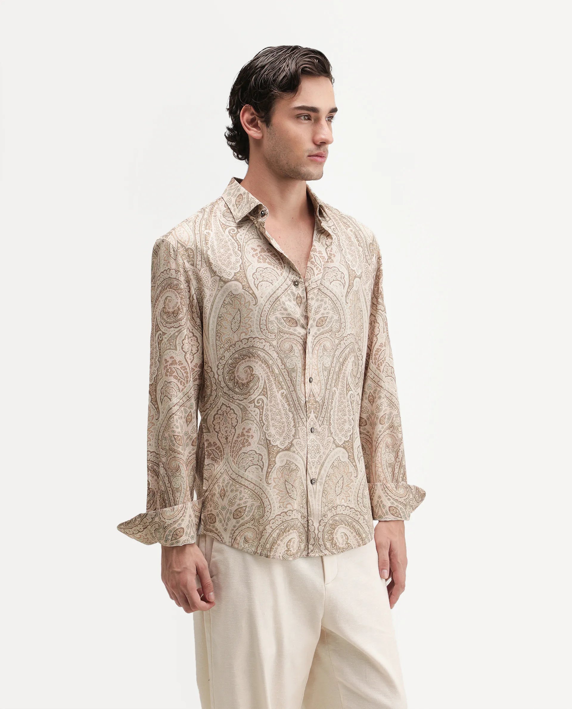Rare Rabbit Men's Gota Dusky Beige Viscose Spread Collar Button Regular Paisley Print Shirt
