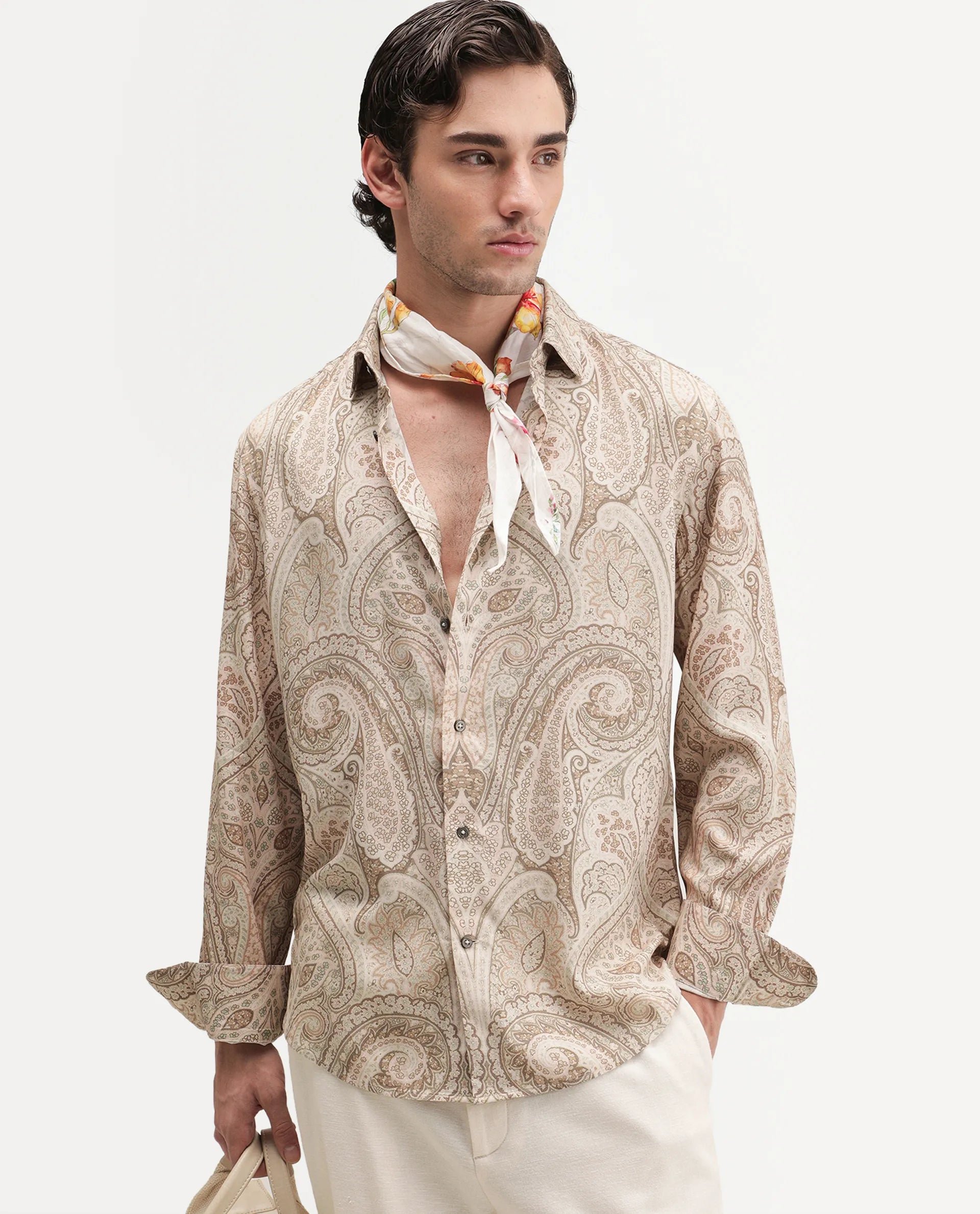 Rare Rabbit Men's Gota Dusky Beige Viscose Spread Collar Button Regular Paisley Print Shirt