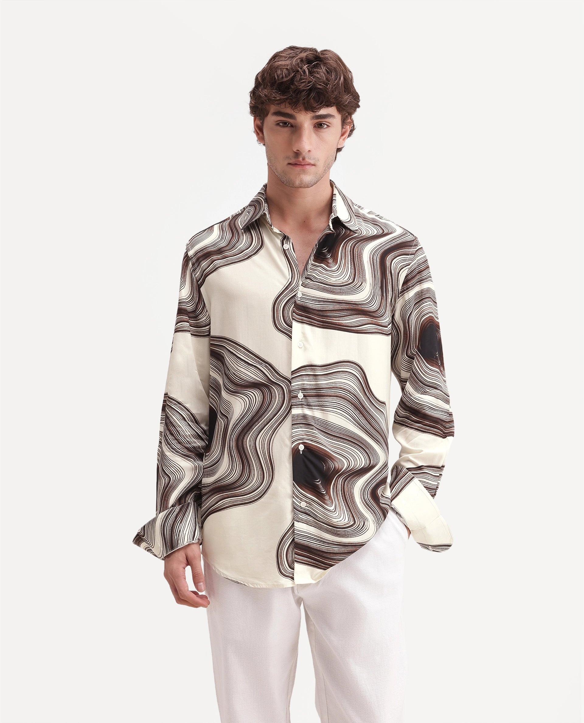 Rare Rabbit Men's Hoko Primary Off White Viscose Spread Collar Button Regular Abstract Print Shirt