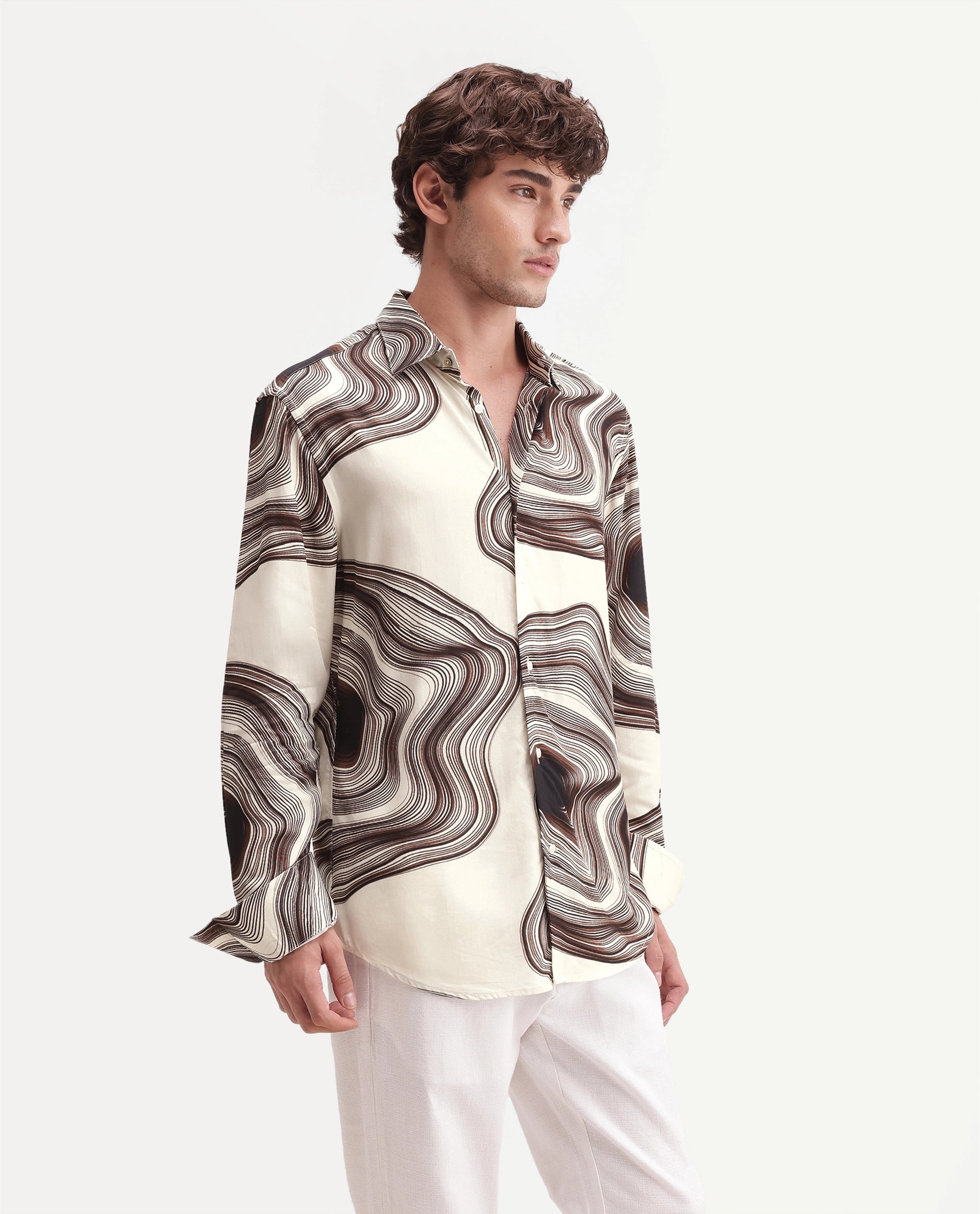 Rare Rabbit Men's Hoko Primary Off White Viscose Spread Collar Button Regular Abstract Print Shirt