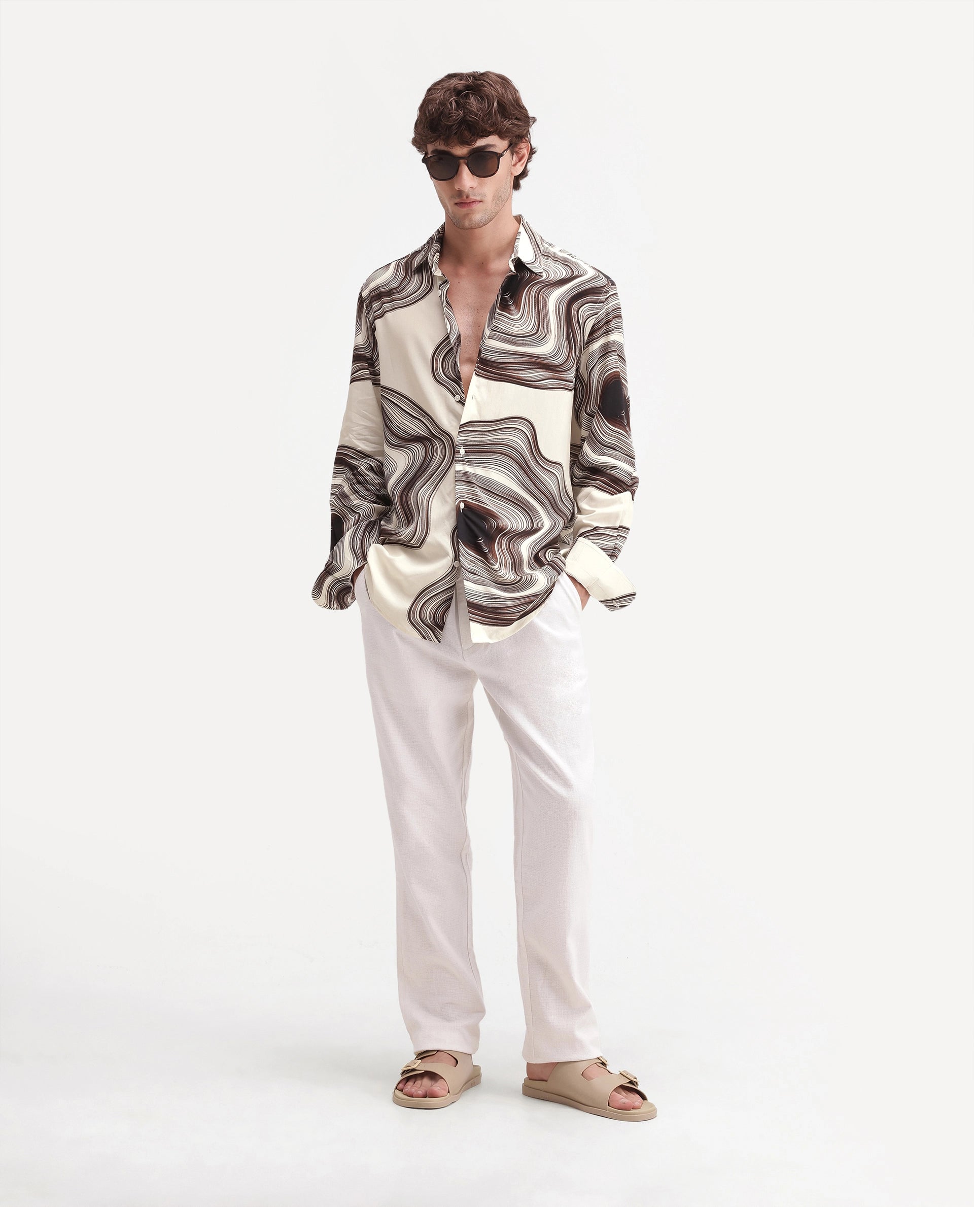 Rare Rabbit Men's Hoko Primary Off White Viscose Spread Collar Button Regular Abstract Print Shirt