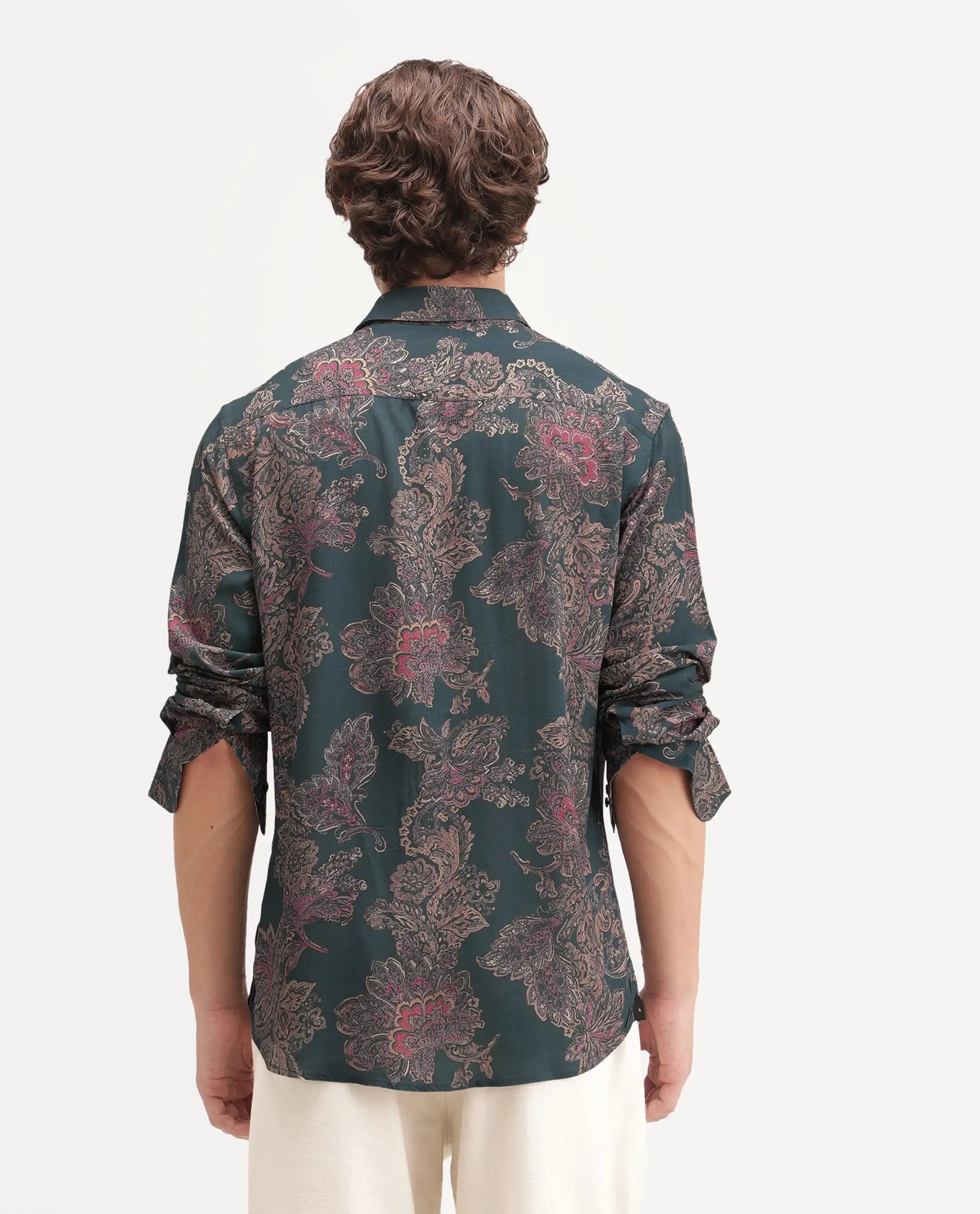 Rare Rabbit Men's Roga Primary Green Viscose Spread Collar Button Regular Paisley Print Shirt