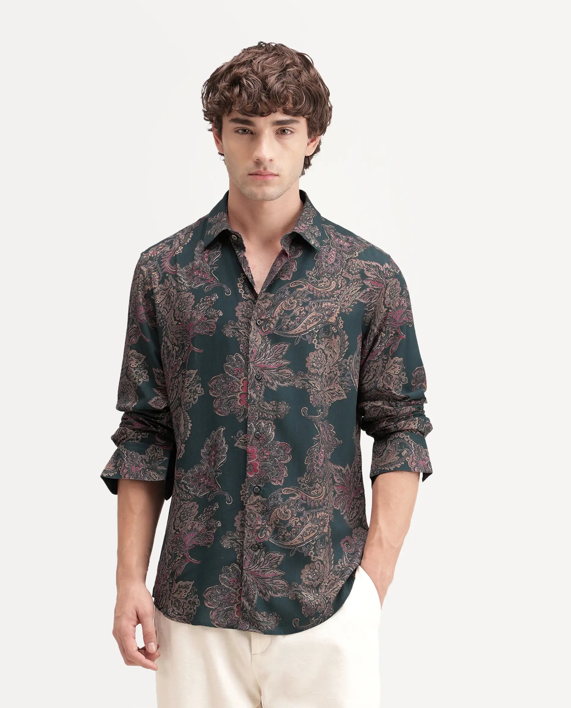 Rare Rabbit Men's Roga Primary Green Viscose Spread Collar Button Regular Paisley Print Shirt