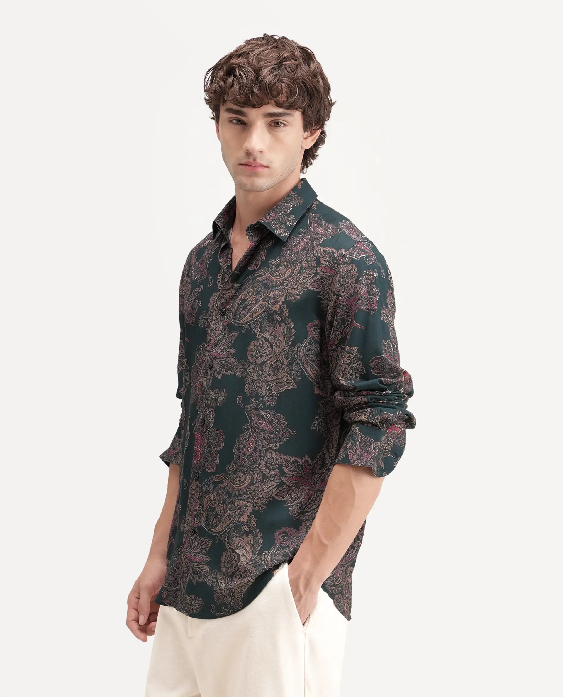 Rare Rabbit Men's Roga Primary Green Viscose Spread Collar Button Regular Paisley Print Shirt