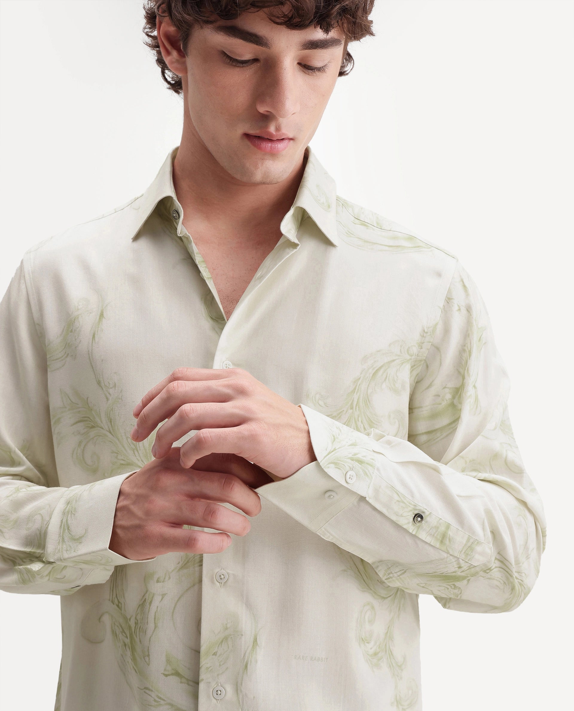 Rare Rabbit Men's Swirl Primary White Viscose Spread Collar Button Regular Paisley Print Shirt