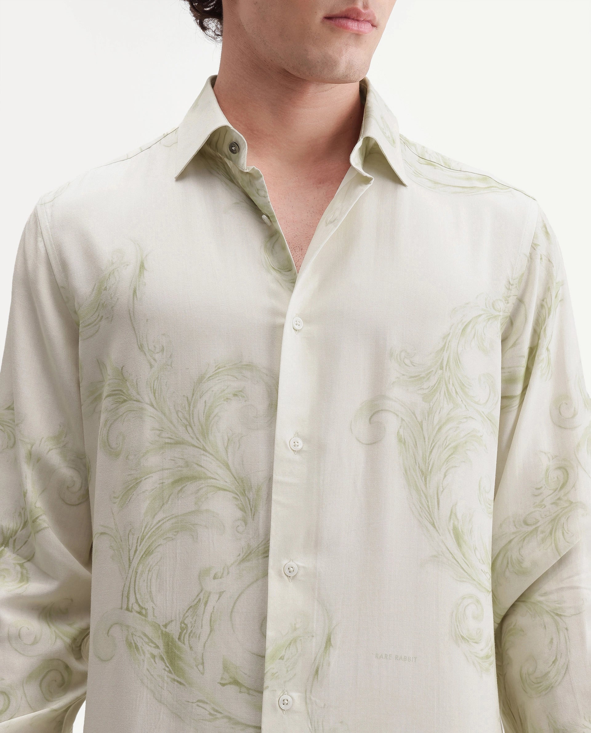 Rare Rabbit Men's Swirl Primary White Viscose Spread Collar Button Regular Paisley Print Shirt