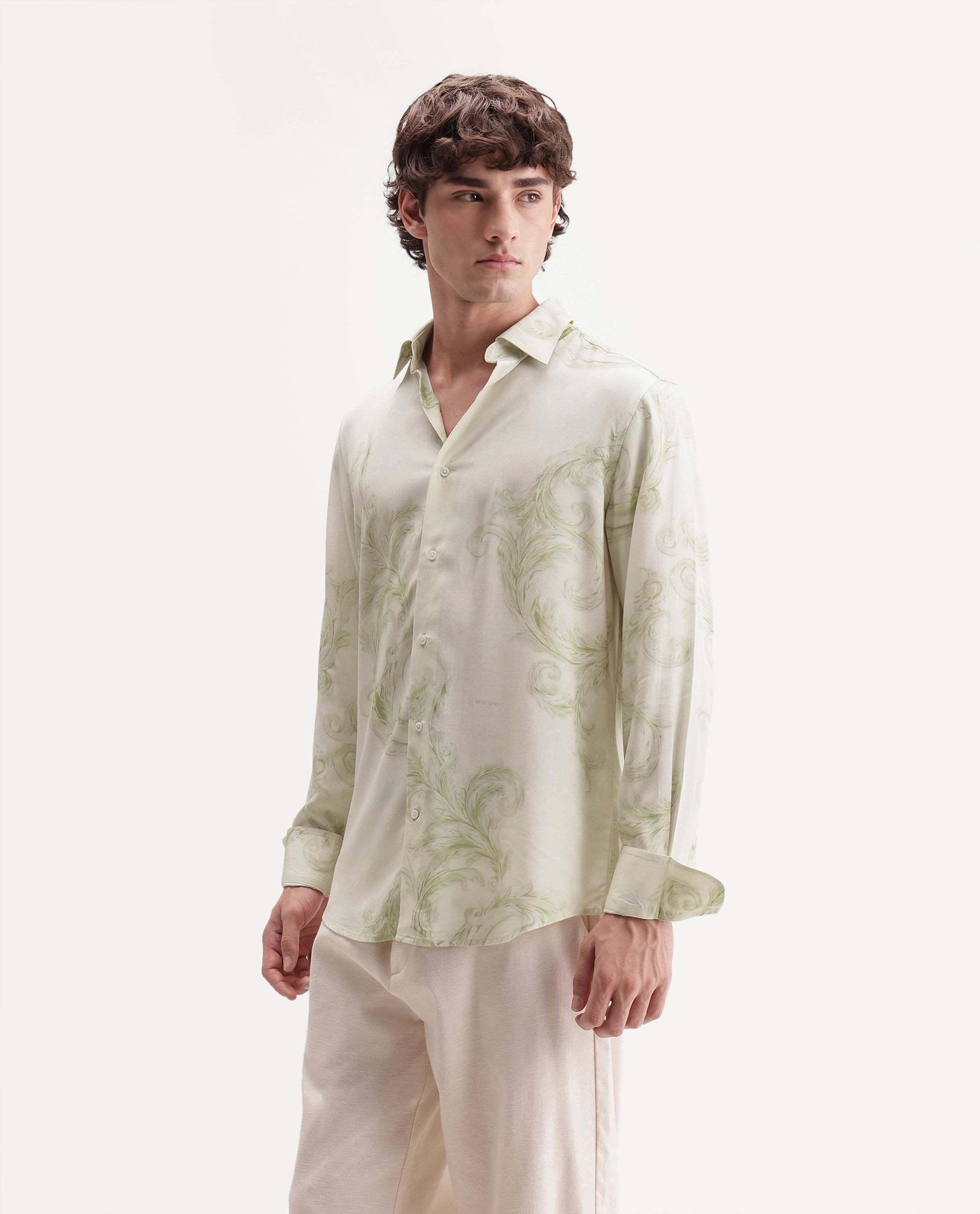Rare Rabbit Men's Swirl Primary White Viscose Spread Collar Button Regular Paisley Print Shirt