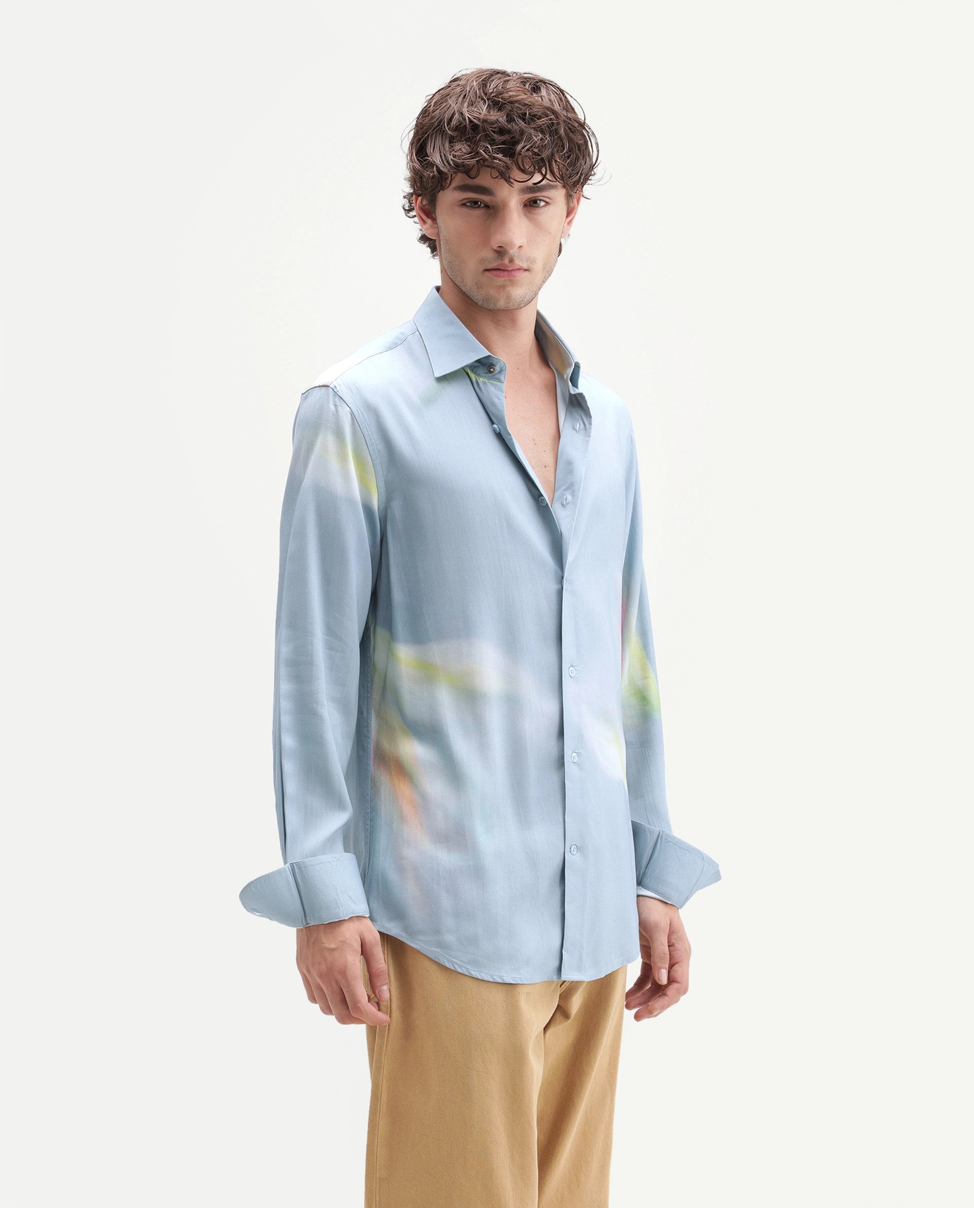 Rare Rabbit Men's Ziro Primary Blue Cotton Spread Collar Button Regular Abstract Print Shirt