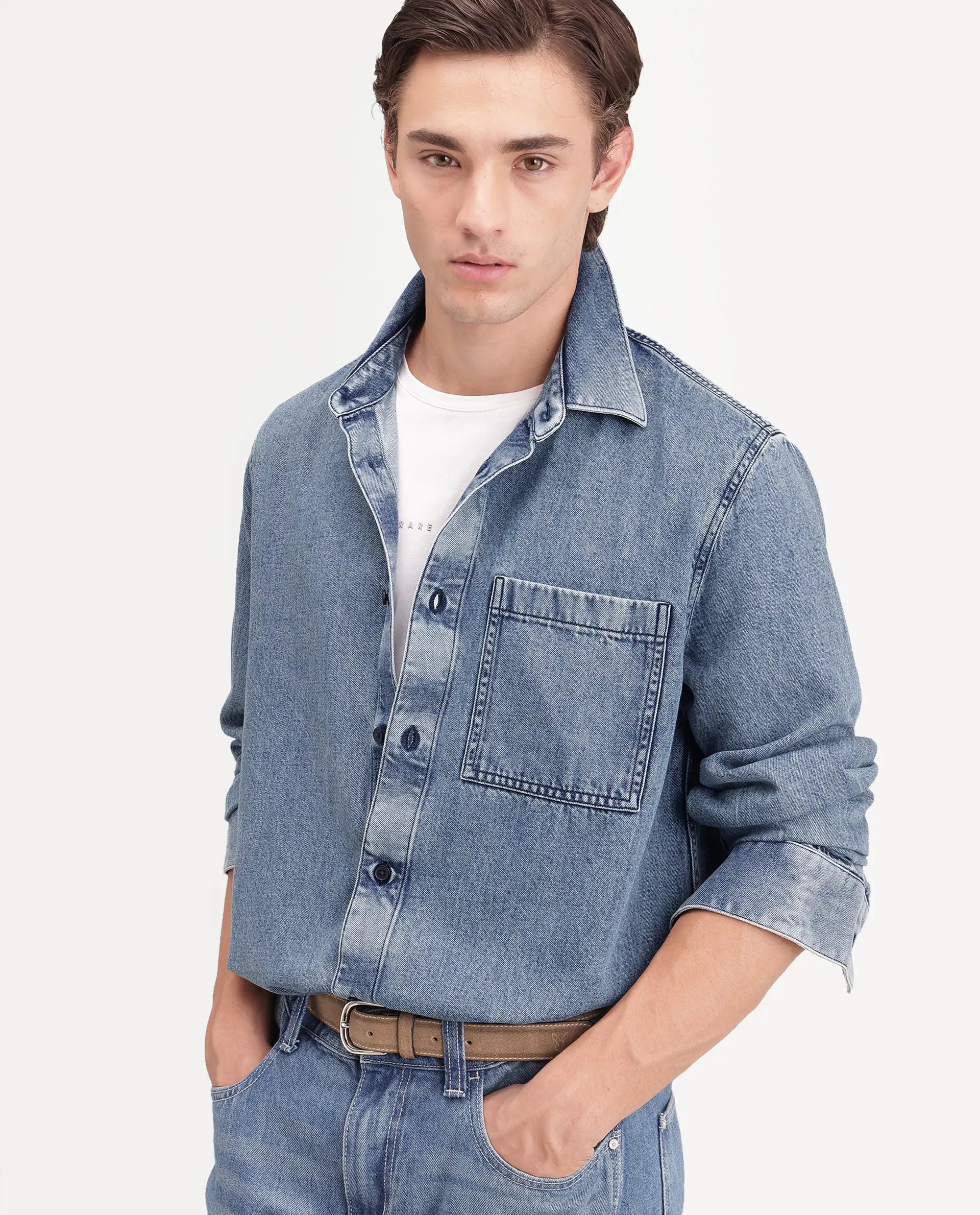 Rare Rabbit Men's Bimt Dark Blue Cotton Blend Spread Collar Button Regular Fit Plain Shirt
