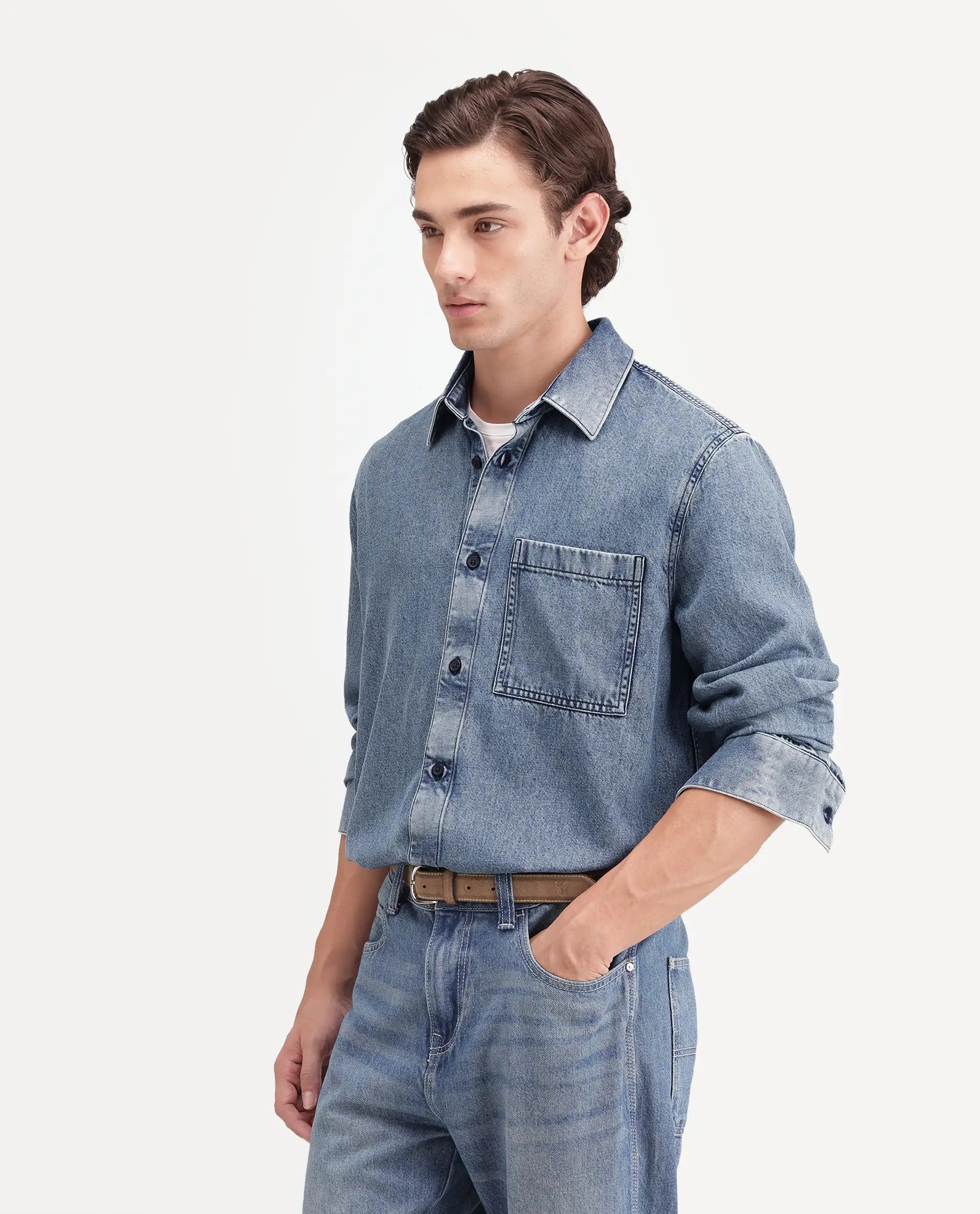 Rare Rabbit Men's Bimt Dark Blue Cotton Blend Spread Collar Button Regular Fit Plain Shirt