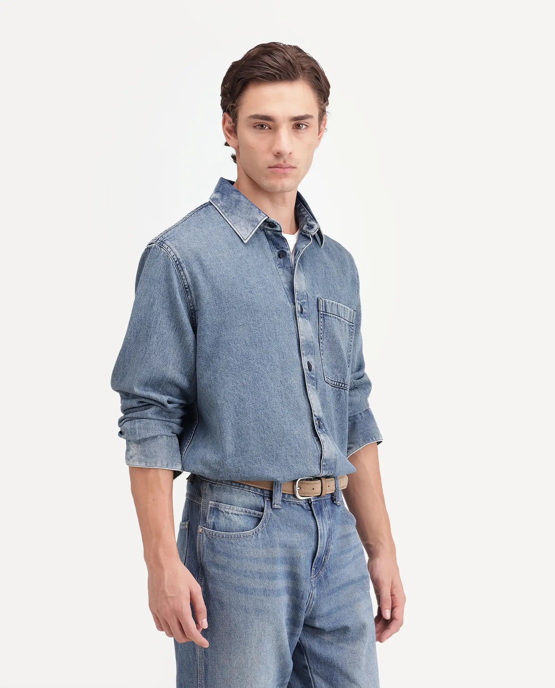 Rare Rabbit Men's Bimt Dark Blue Cotton Blend Spread Collar Button Regular Fit Plain Shirt