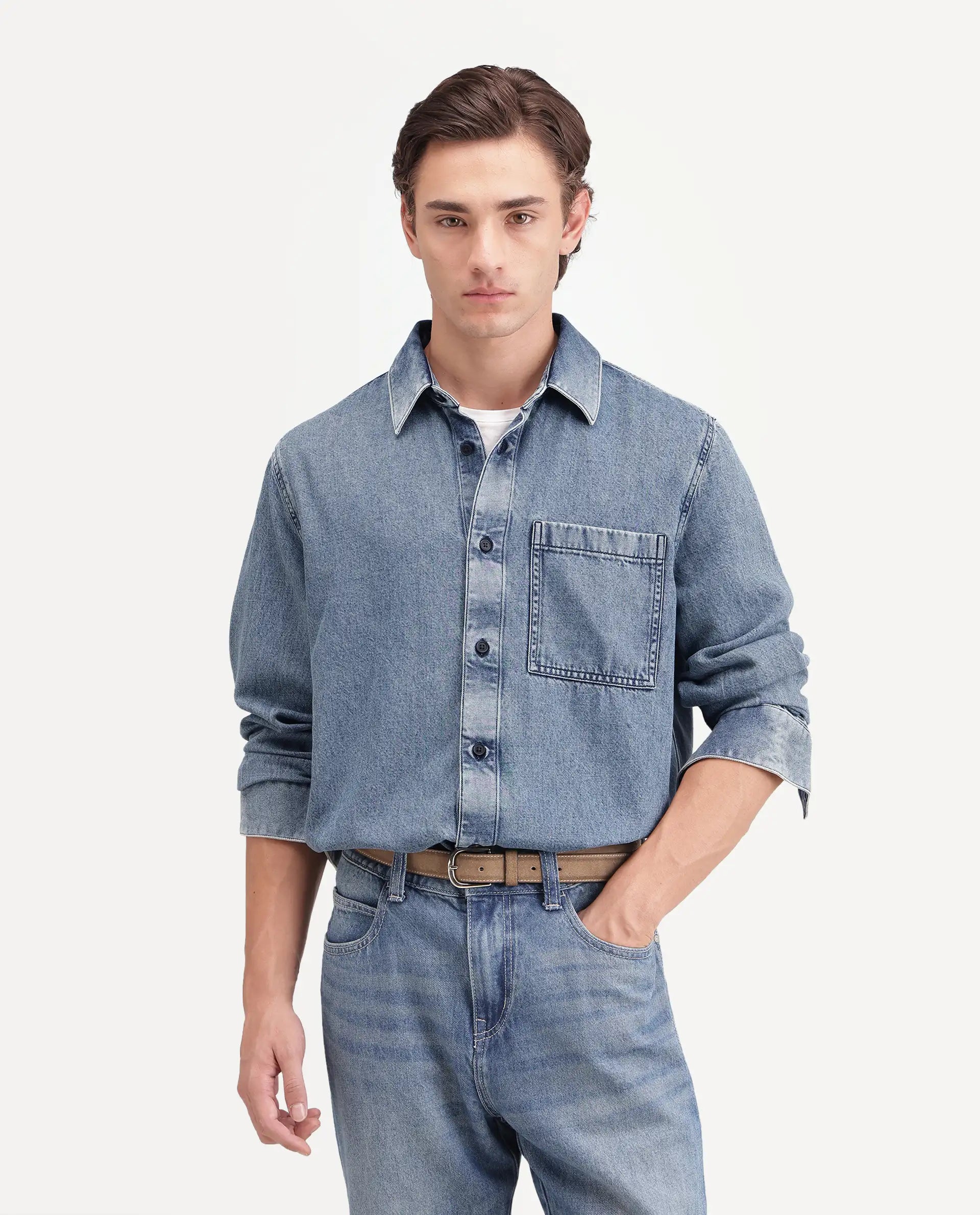Rare Rabbit Men's Bimt Dark Blue Cotton Blend Spread Collar Button Regular Fit Plain Shirt