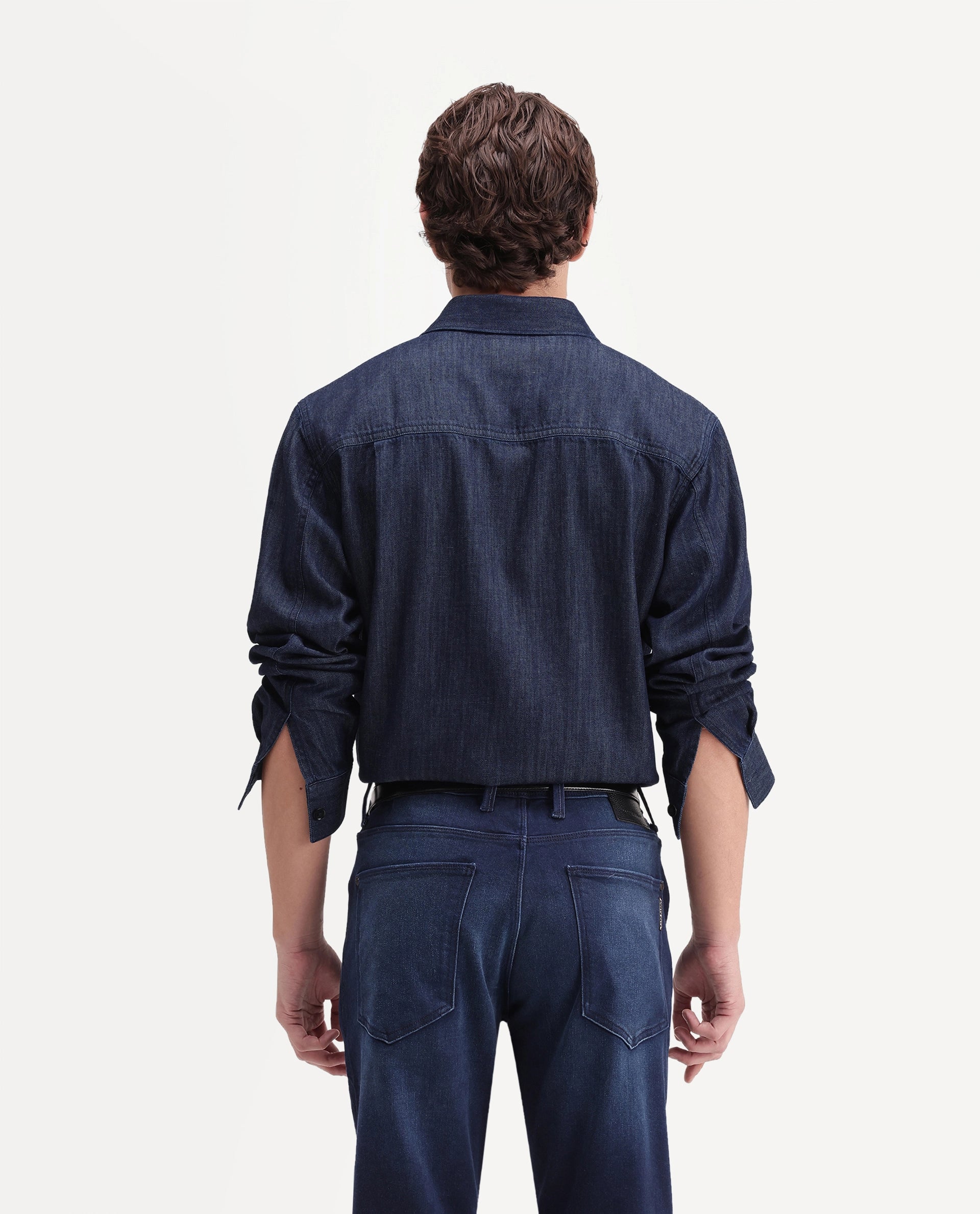 Rare Rabbit Men's Wexy Dark Navy Cotton Blend Spread Collar Button Relaxed Plain Shirt
