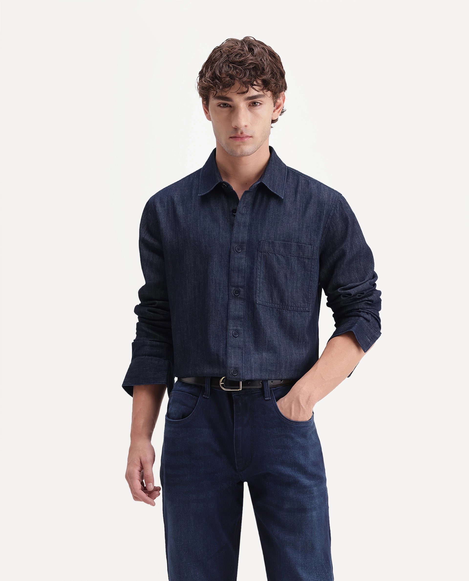 Rare Rabbit Men's Wexy Dark Navy Cotton Blend Spread Collar Button Relaxed Plain Shirt