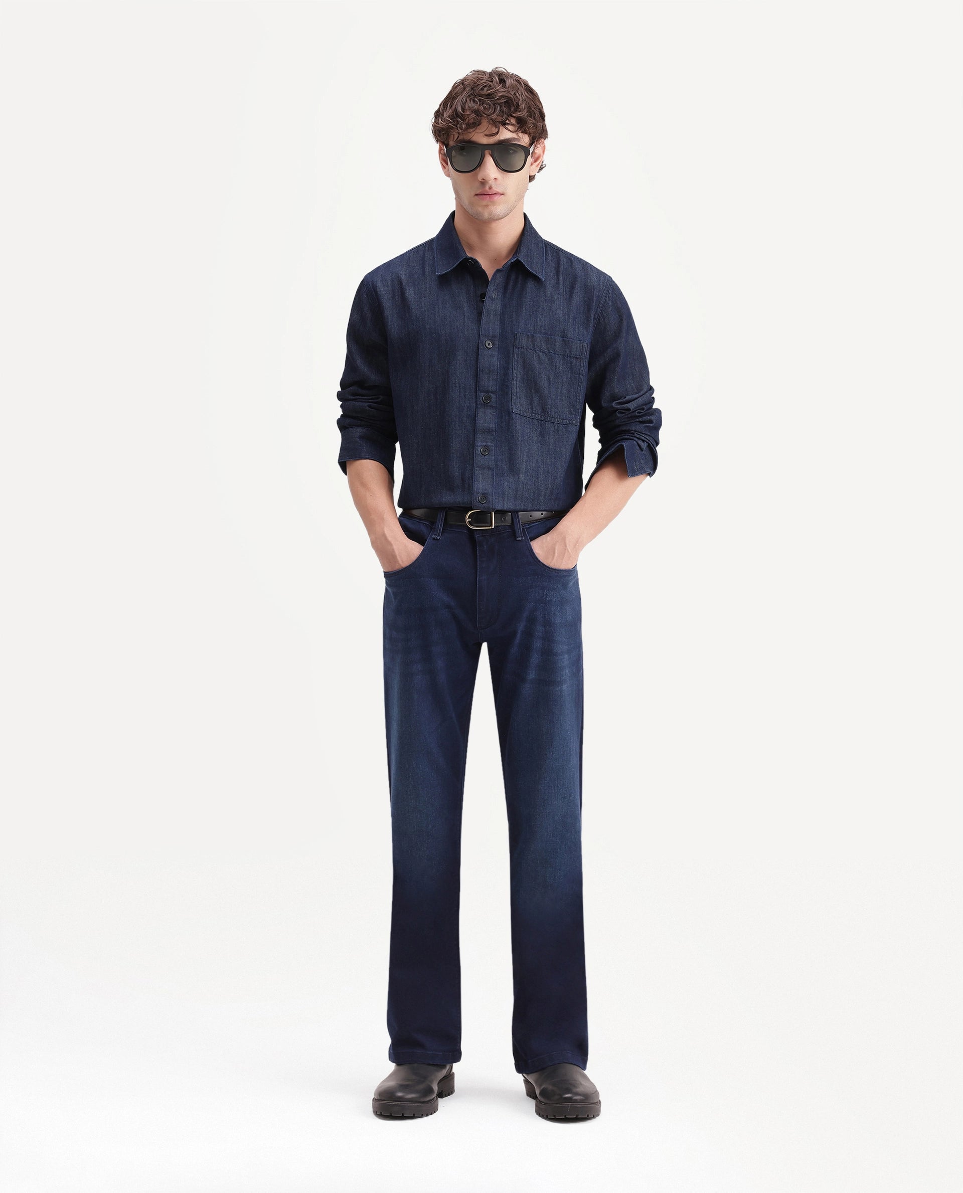 Rare Rabbit Men's Wexy Dark Navy Cotton Blend Spread Collar Button Relaxed Plain Shirt
