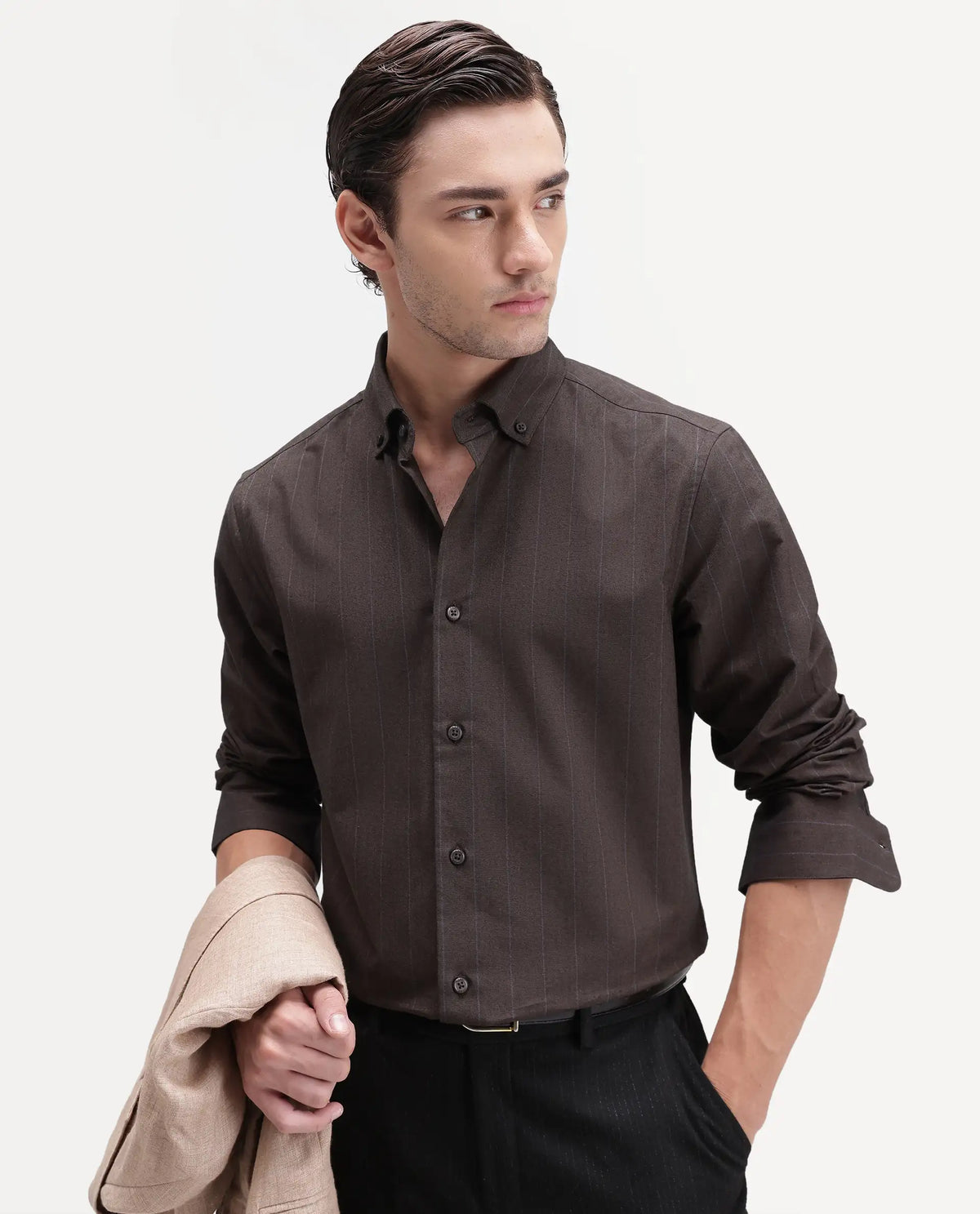 Rare Rabbit Men's Austu Primary Brown Cotton Spread Collar Button Regular Striped Shirt