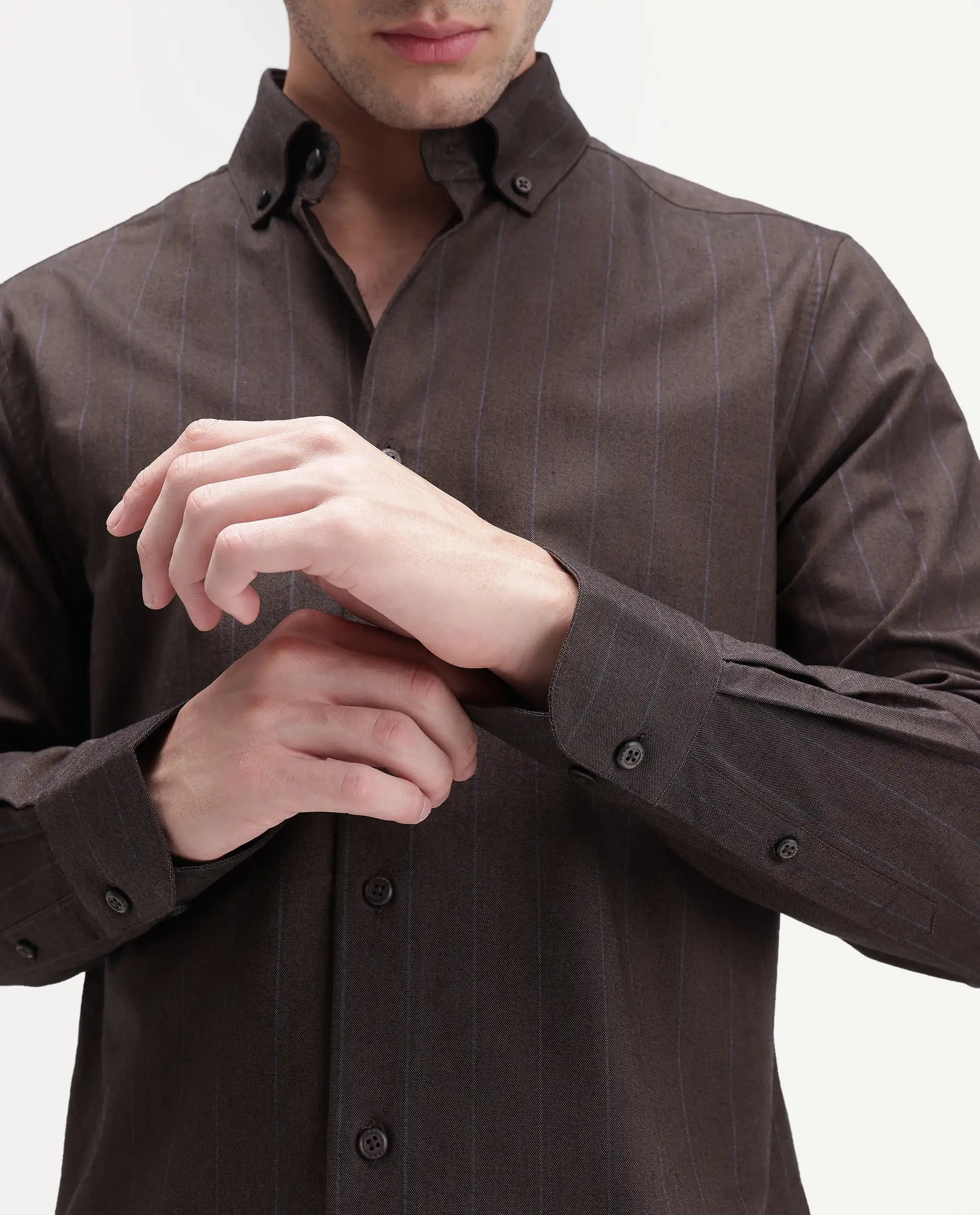 Rare Rabbit Men's Austu Primary Brown Cotton Spread Collar Button Regular Striped Shirt