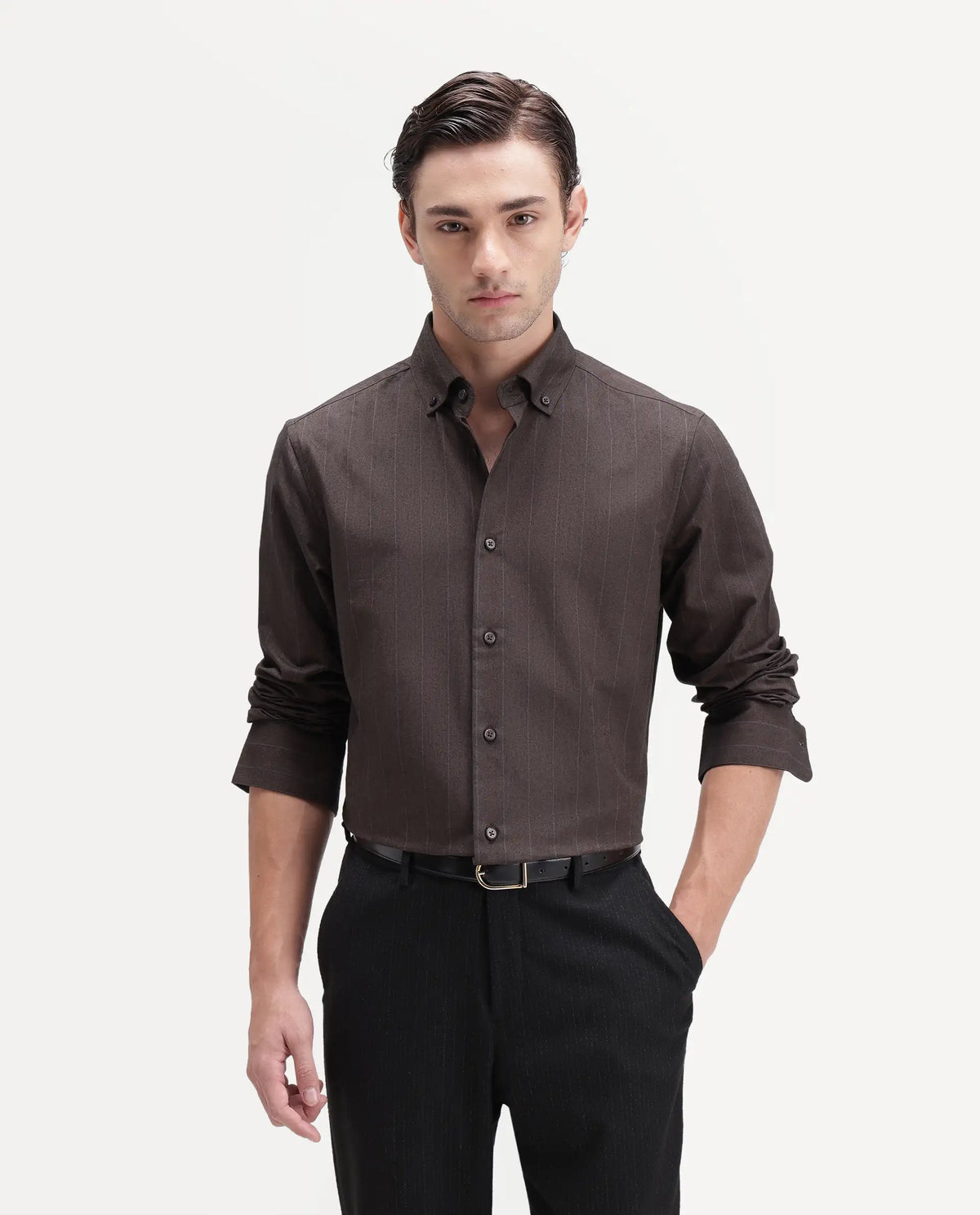 Rare Rabbit Men's Austu Primary Brown Cotton Spread Collar Button Regular Striped Shirt
