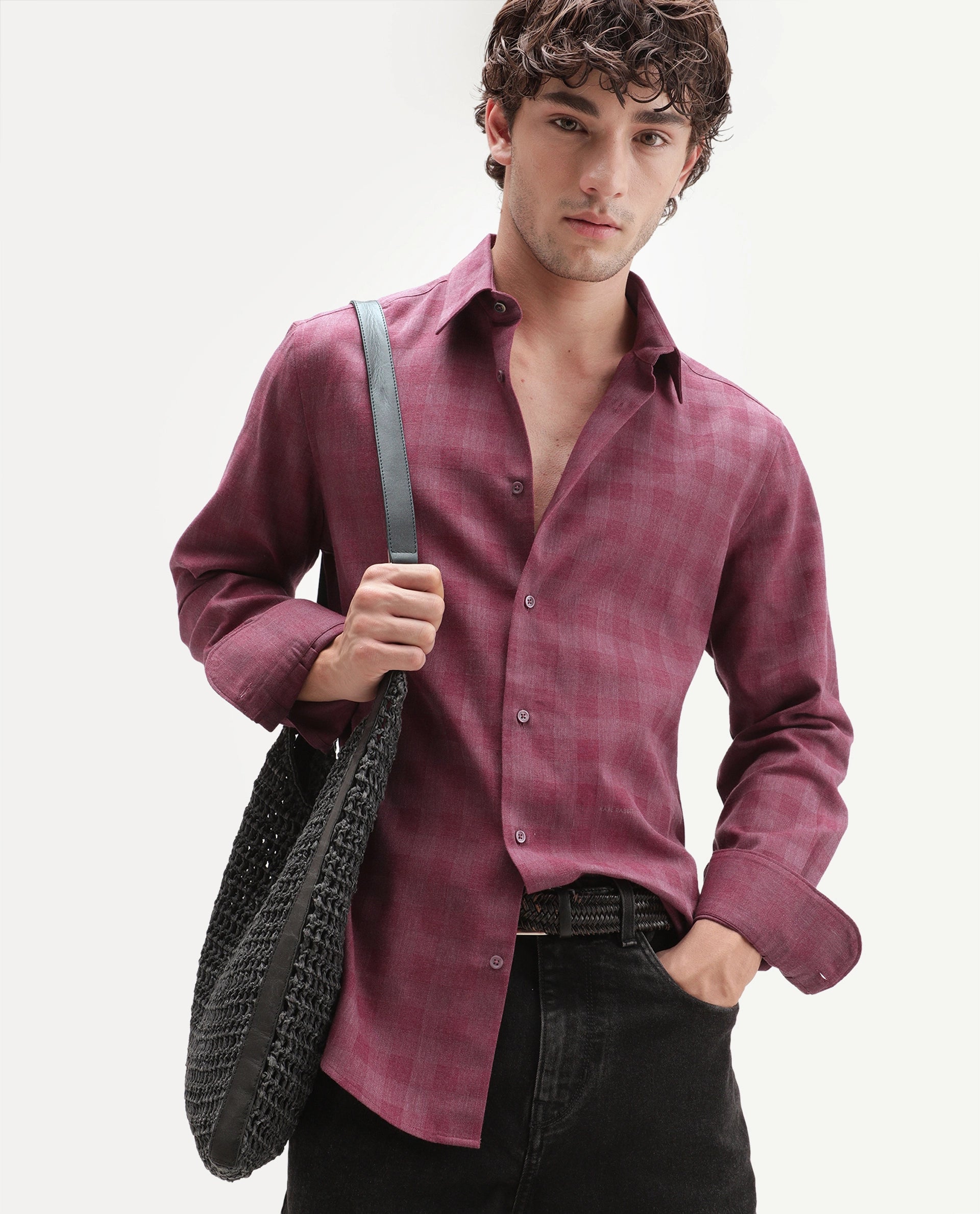 Rare Rabbit Men's Theo Pastel Red Cotton Blend Spread Collar Button Regular Checked Shirt