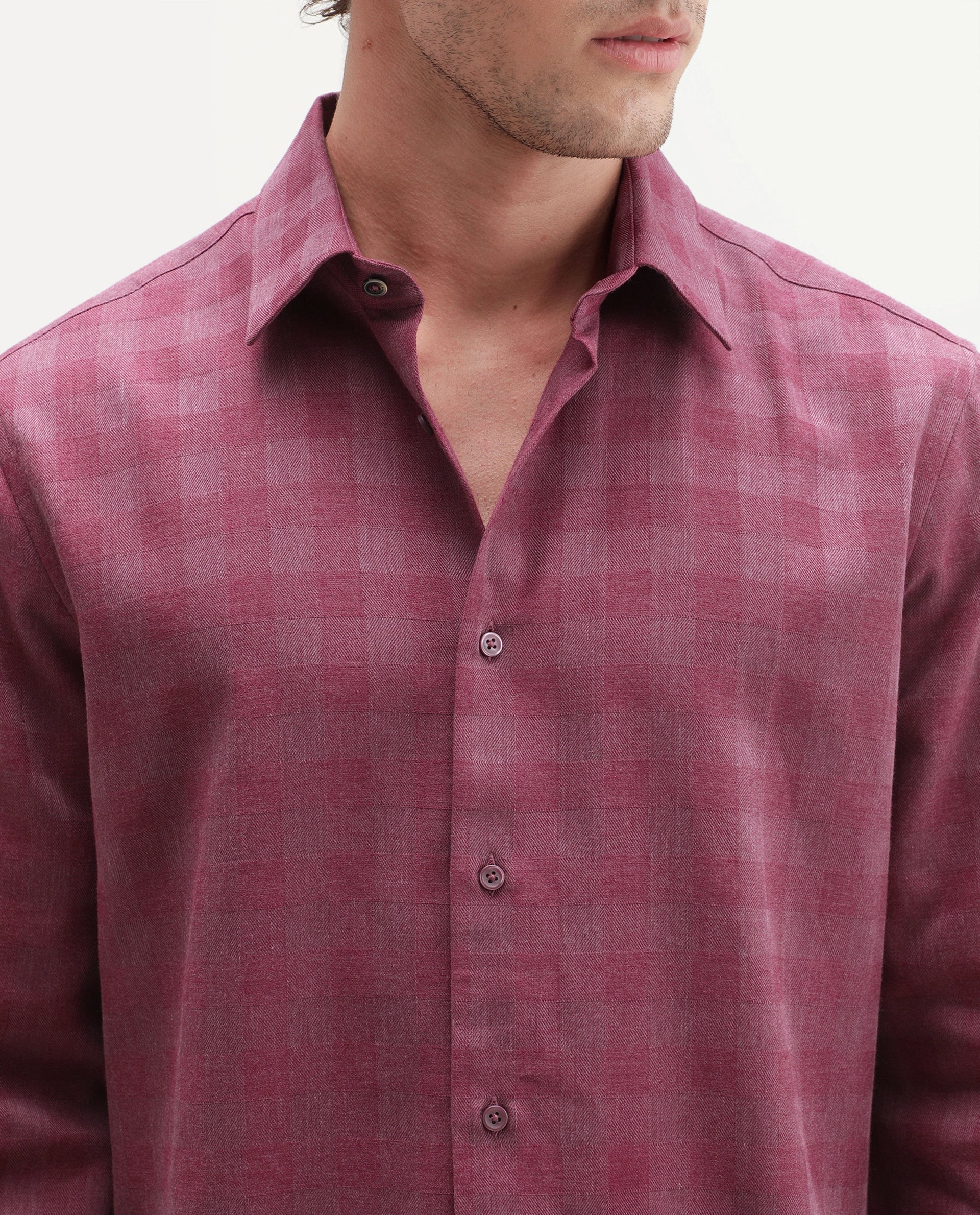 Rare Rabbit Men's Theo Pastel Red Cotton Blend Spread Collar Button Regular Checked Shirt