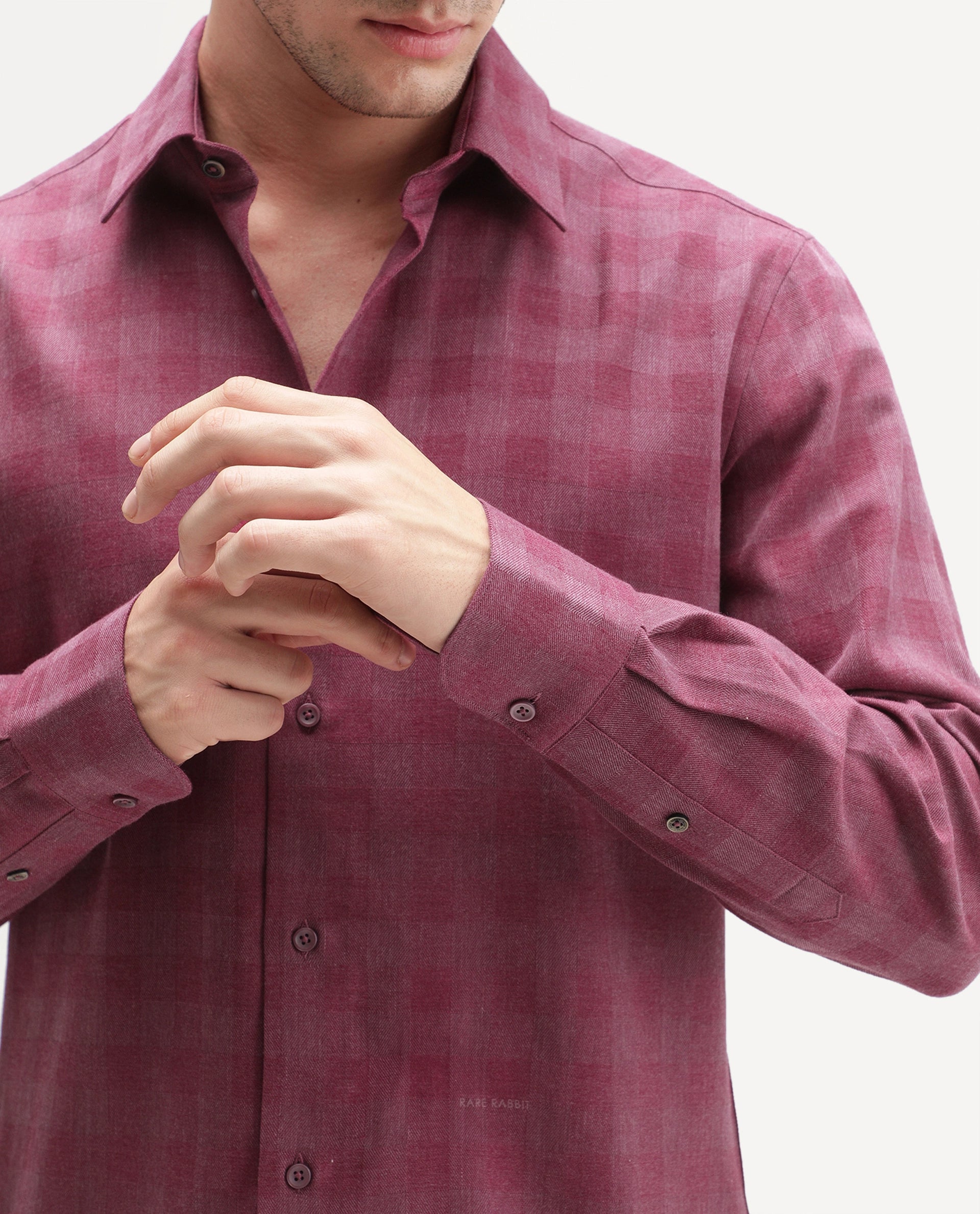 Rare Rabbit Men's Theo Pastel Red Cotton Blend Spread Collar Button Regular Checked Shirt